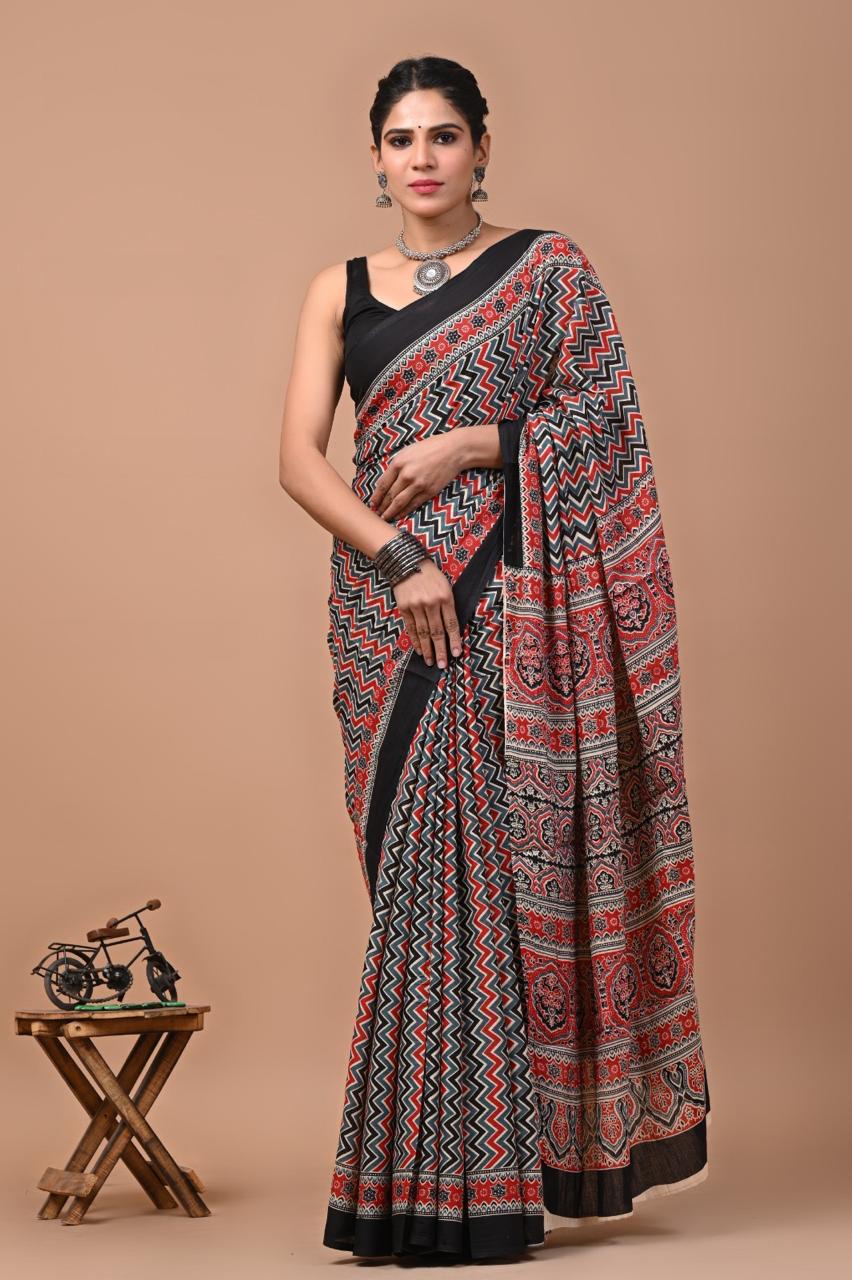 Buy MySilkLove Coral Black and Red Ajrakh Mulmul Cotton Saree Online