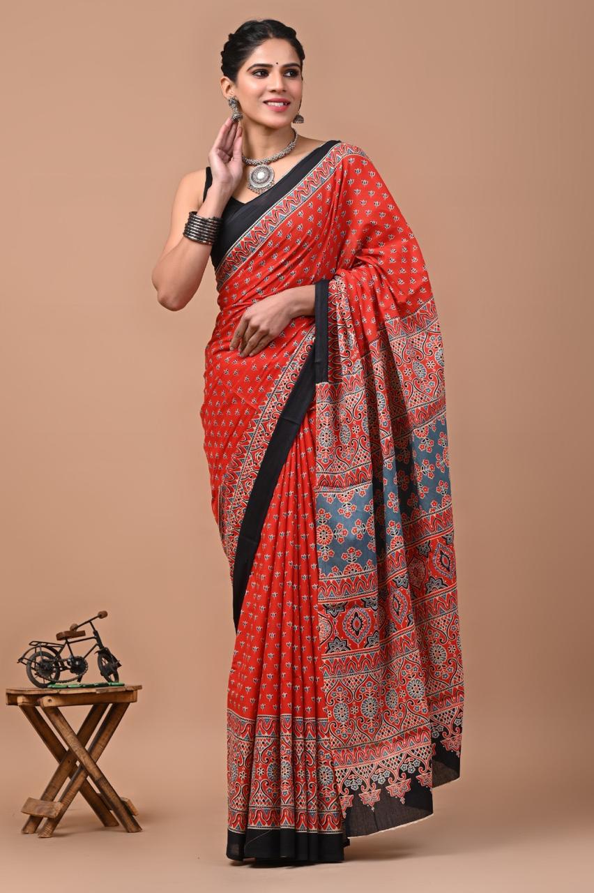 Buy MySilkLove Tomato Red Ajrakh Mulmul Cotton Saree Online