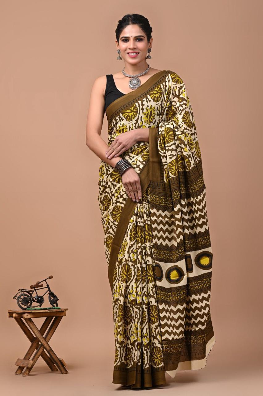 Buy MySilkLove Fern Green Jaipuri Printed Cotton Mulmul Saree Online