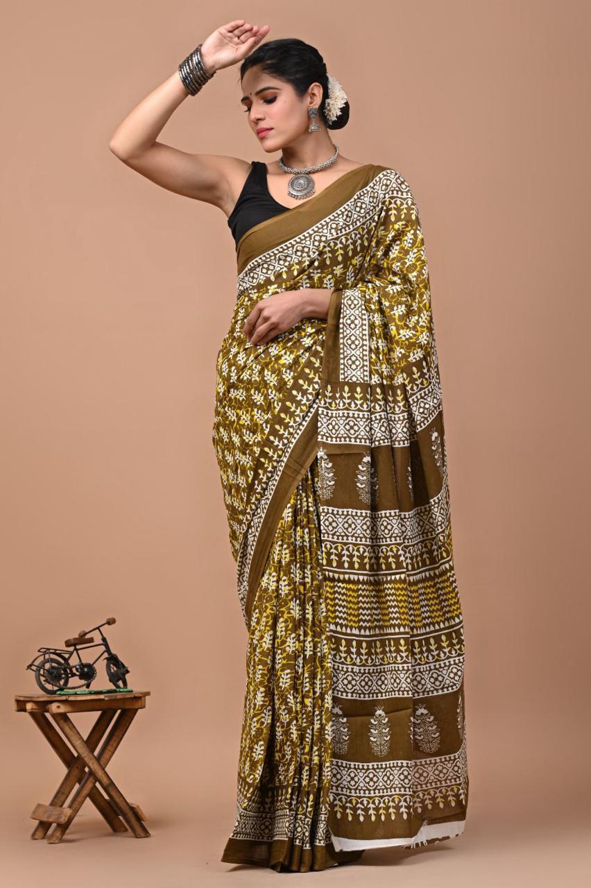 Buy MySilkLove Paradiso Green Jaipuri Printed Cotton Mulmul Saree Online