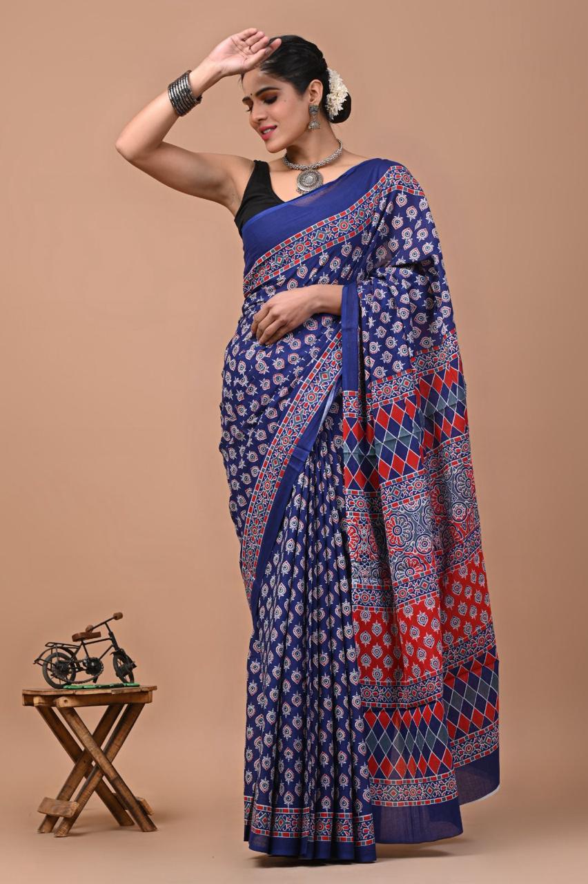 Buy MySilkLove Bondi Blue Ajrakh Mulmul Cotton Saree Online