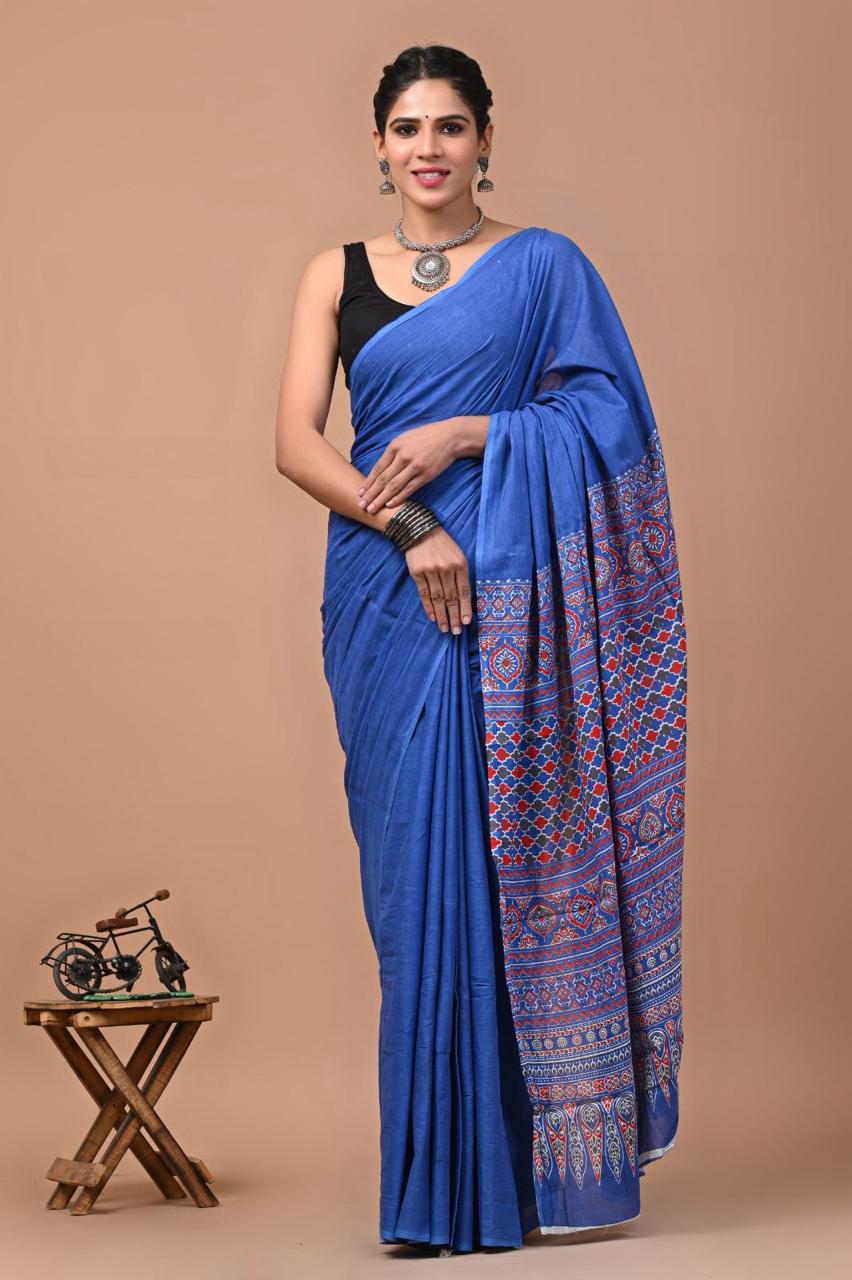 Buy MySilkLove Water Blue Ajrakh Mulmul Cotton Saree Online