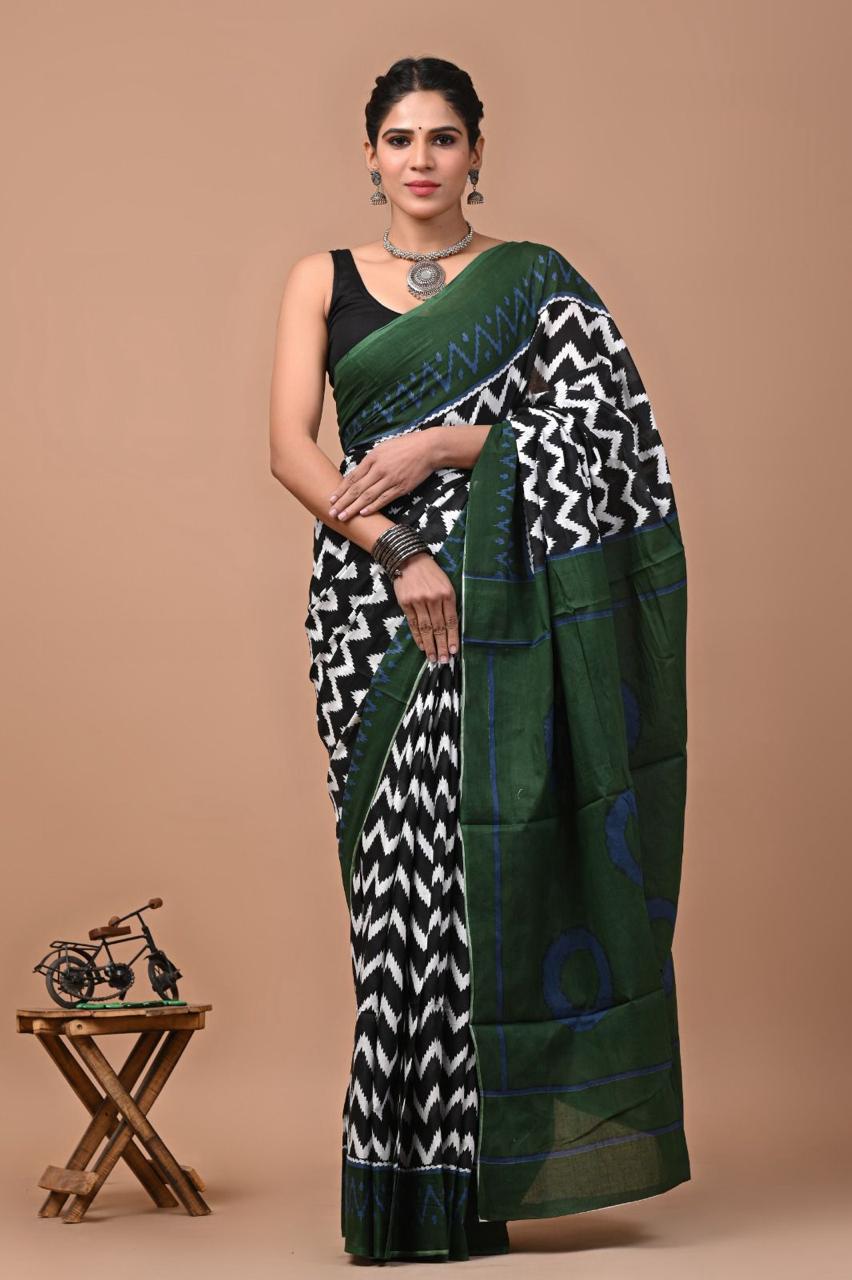 Buy MySilkLove Forest Green and White Jaipuri Printed Cotton Mulmul Saree Online
