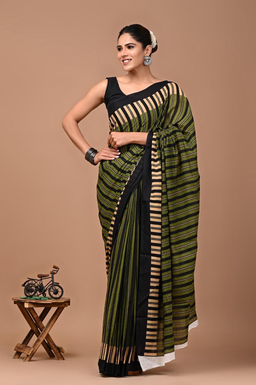 Buy MySilkLove Raven Green and Black Jaipuri Printed Cotton Mulmul Saree Online