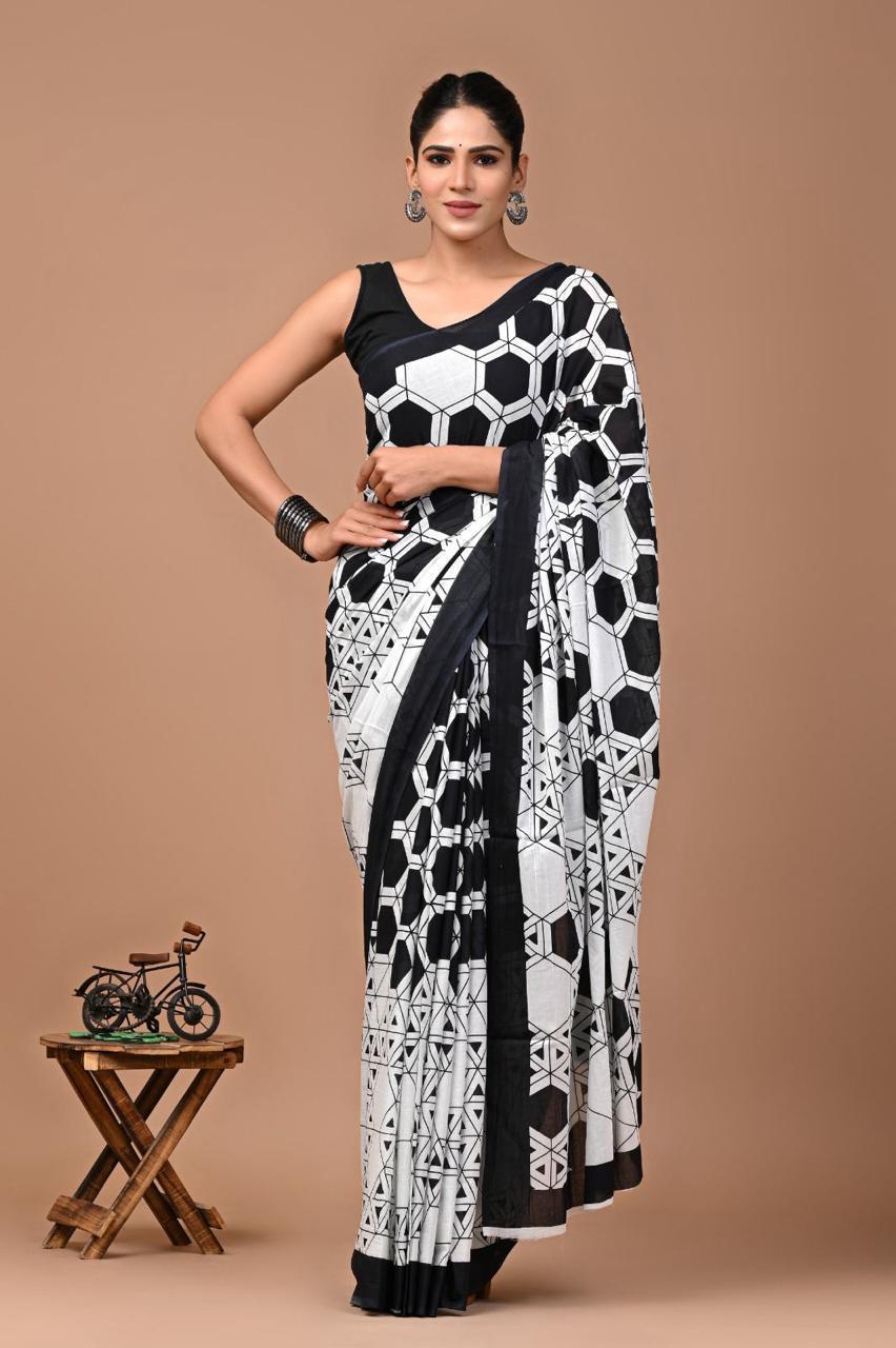 Buy MySilkLove Zebra White and Black Mulmul Cotton Saree Online