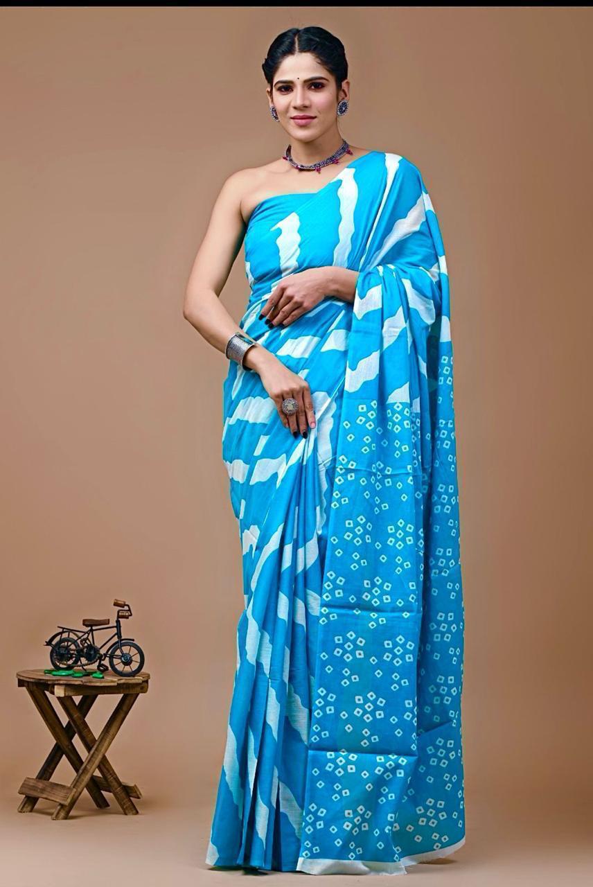 Buy MySilkLove Turquoise Blue Mulmul Cotton Saree Online