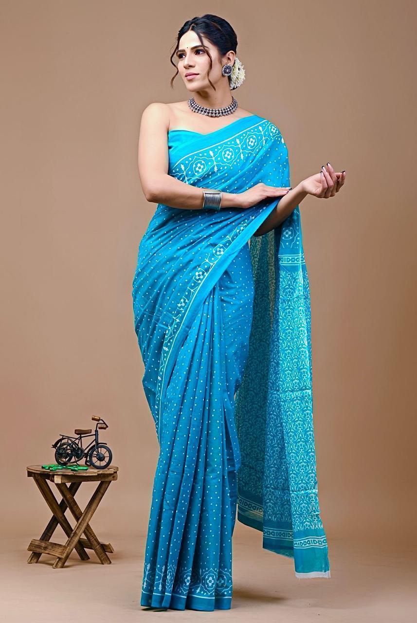 Buy MySilkLove Alice Blue Mulmul Cotton Saree Online