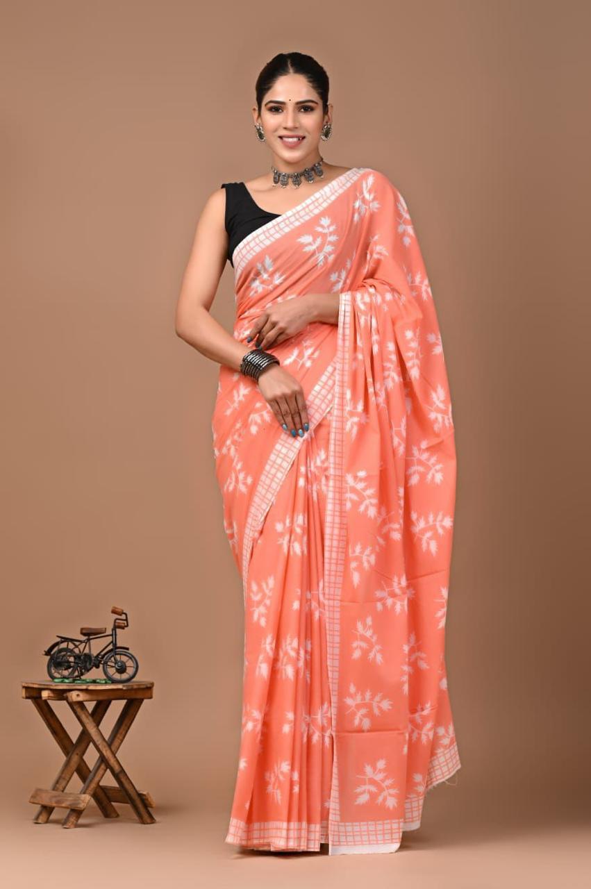 Buy MySilkLove Salmon Peach Mulmul Cotton Saree Online