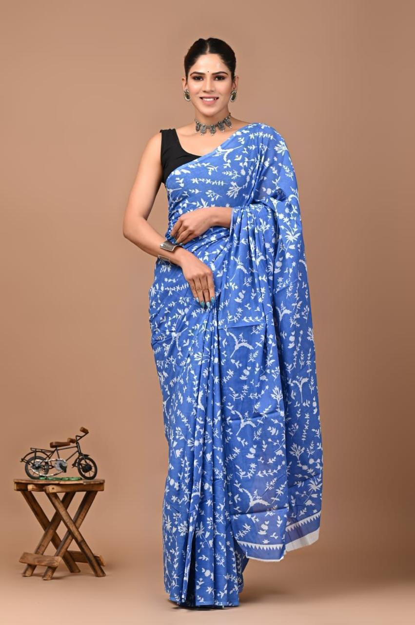 Buy MySilkLove Butterfly Blue Mulmul Cotton Saree Online