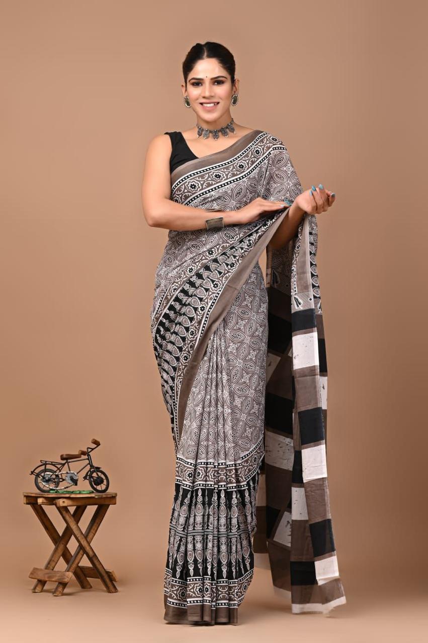 Buy MySilkLove Cadet Grey Mulmul Cotton Saree Online