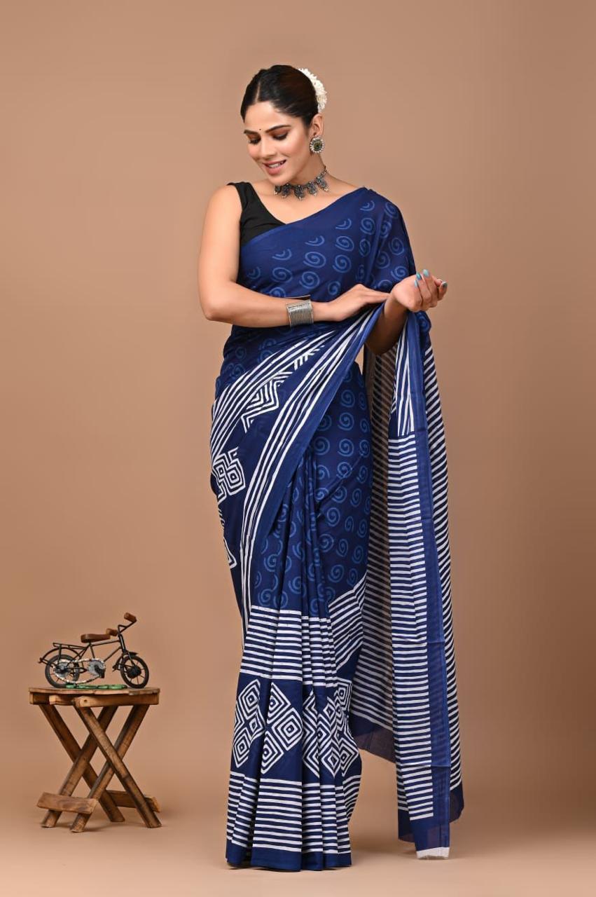 Buy MySilkLove Teal Blue Mulmul Cotton Saree Online