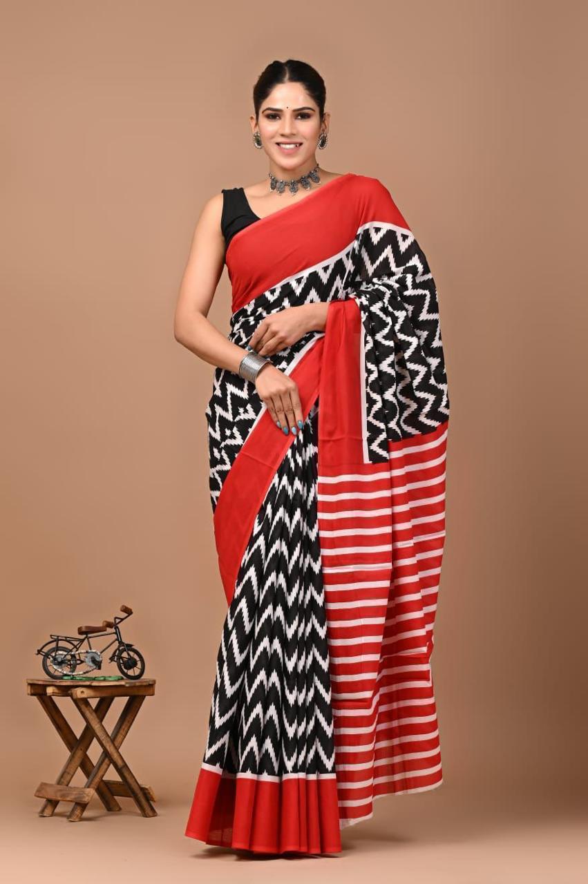 Buy MySilkLove Pitch Black and Red Mulmul Cotton Saree Online
