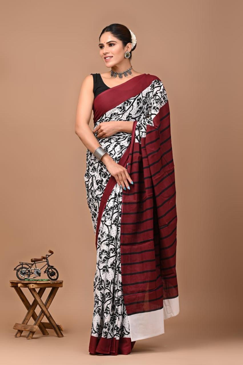 Buy MySilkLove Cadet White and Maroon Mulmul Cotton Saree Online