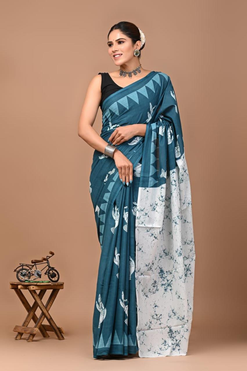 Buy MySilkLove Arctic Blue Mulmul Cotton Saree Online