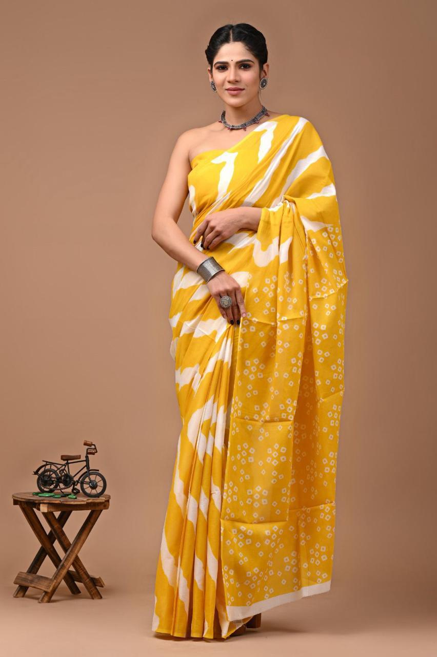 Buy MySilkLove Tulip Yellow Mulmul Cotton Saree Online