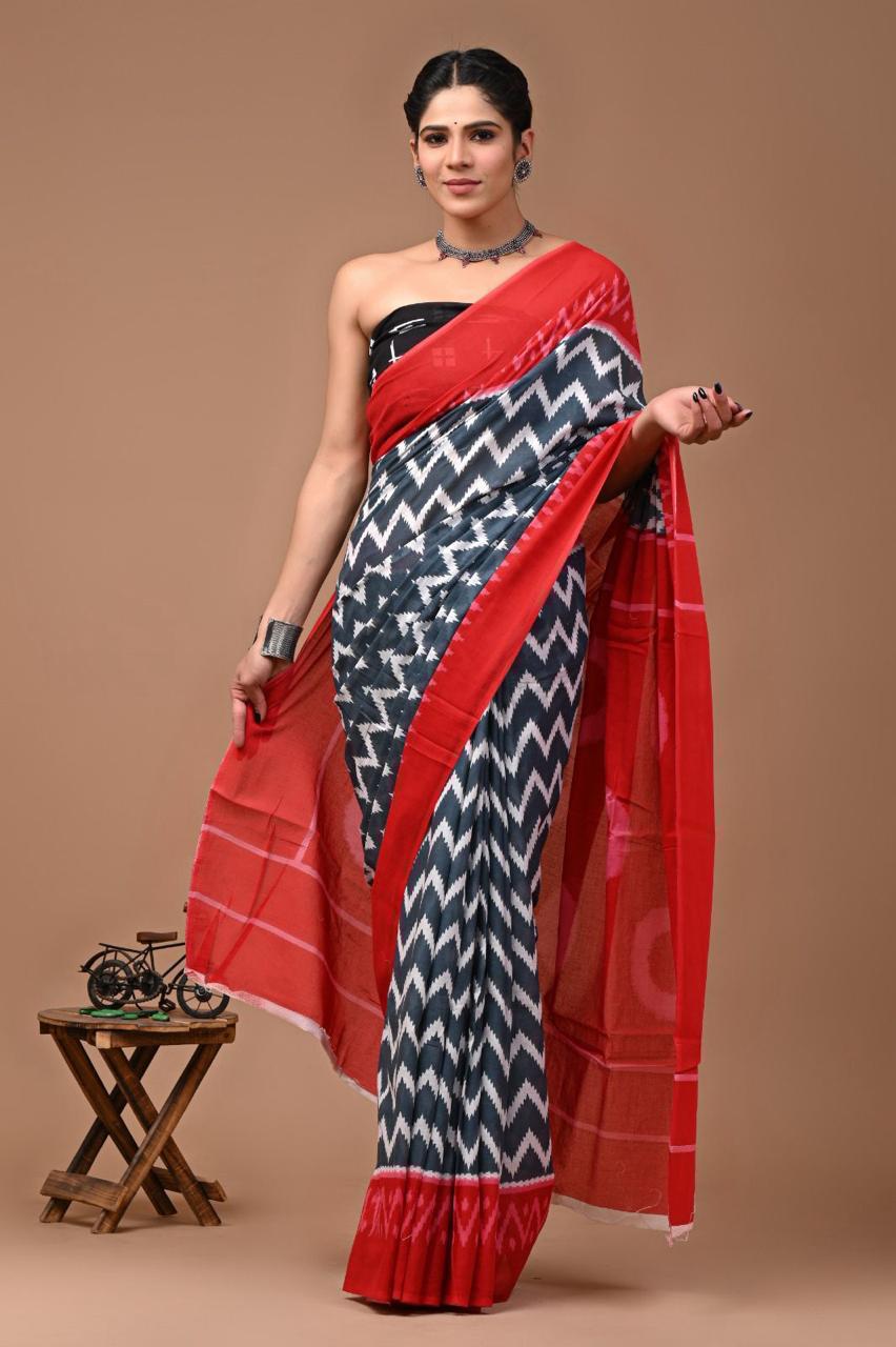 Buy MySilkLove Asphalt Black and Red Mulmul Cotton Saree Online