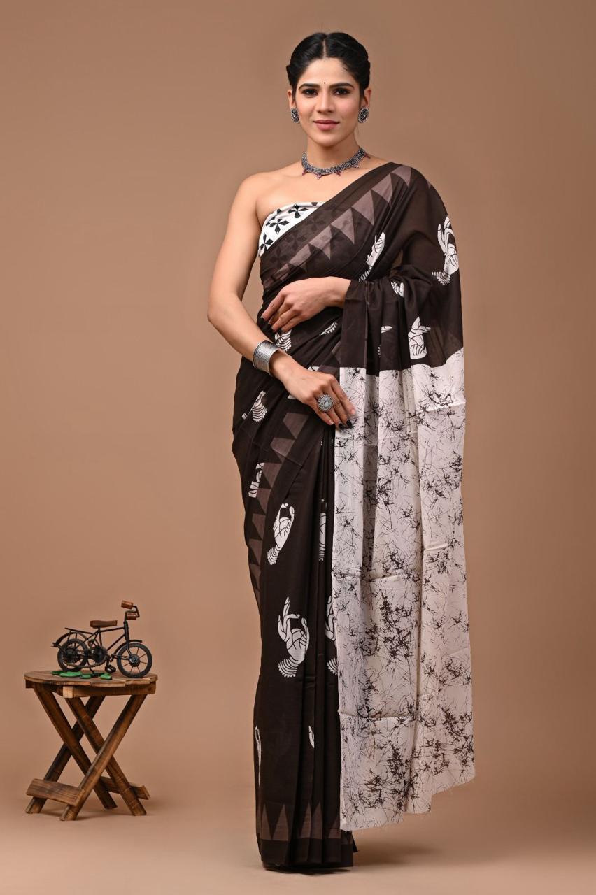 Buy MySilkLove Dark Black Mulmul Cotton Saree Online
