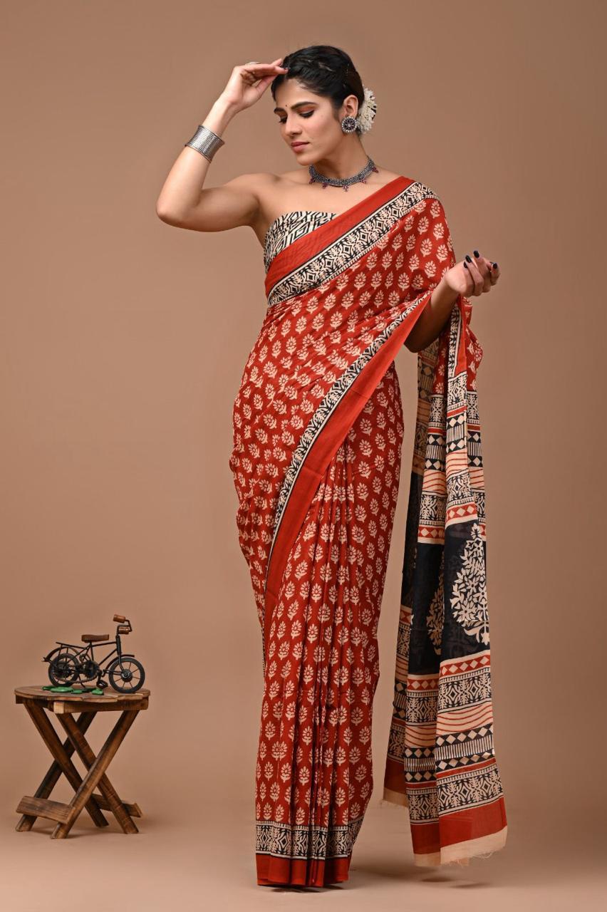 Buy MySilkLove Ruby Red Mulmul Cotton Saree Online