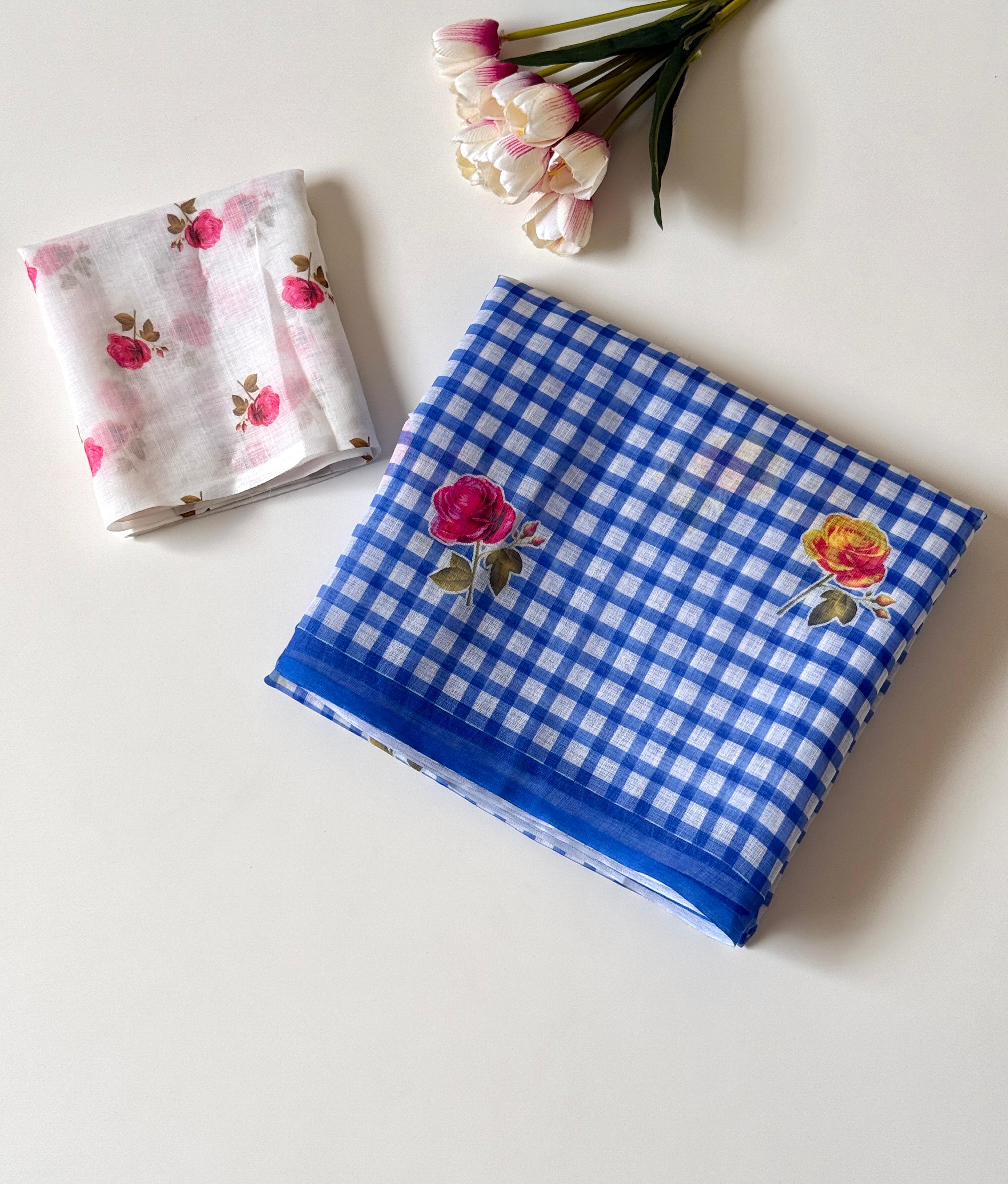 Buy MySilkLove Ink Blue Soft Linen Cotton Pinted Saree Online