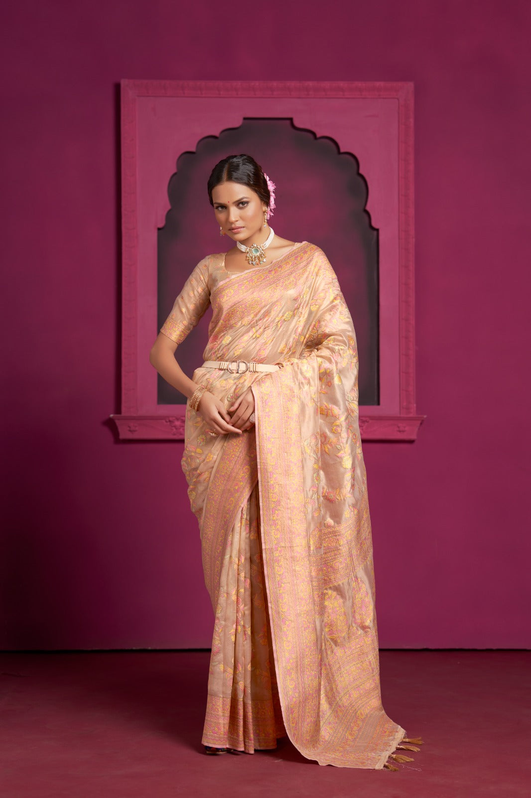 Buy MySilkLove Rose Bud Peach Kashmiri Organza Handloom Saree Online