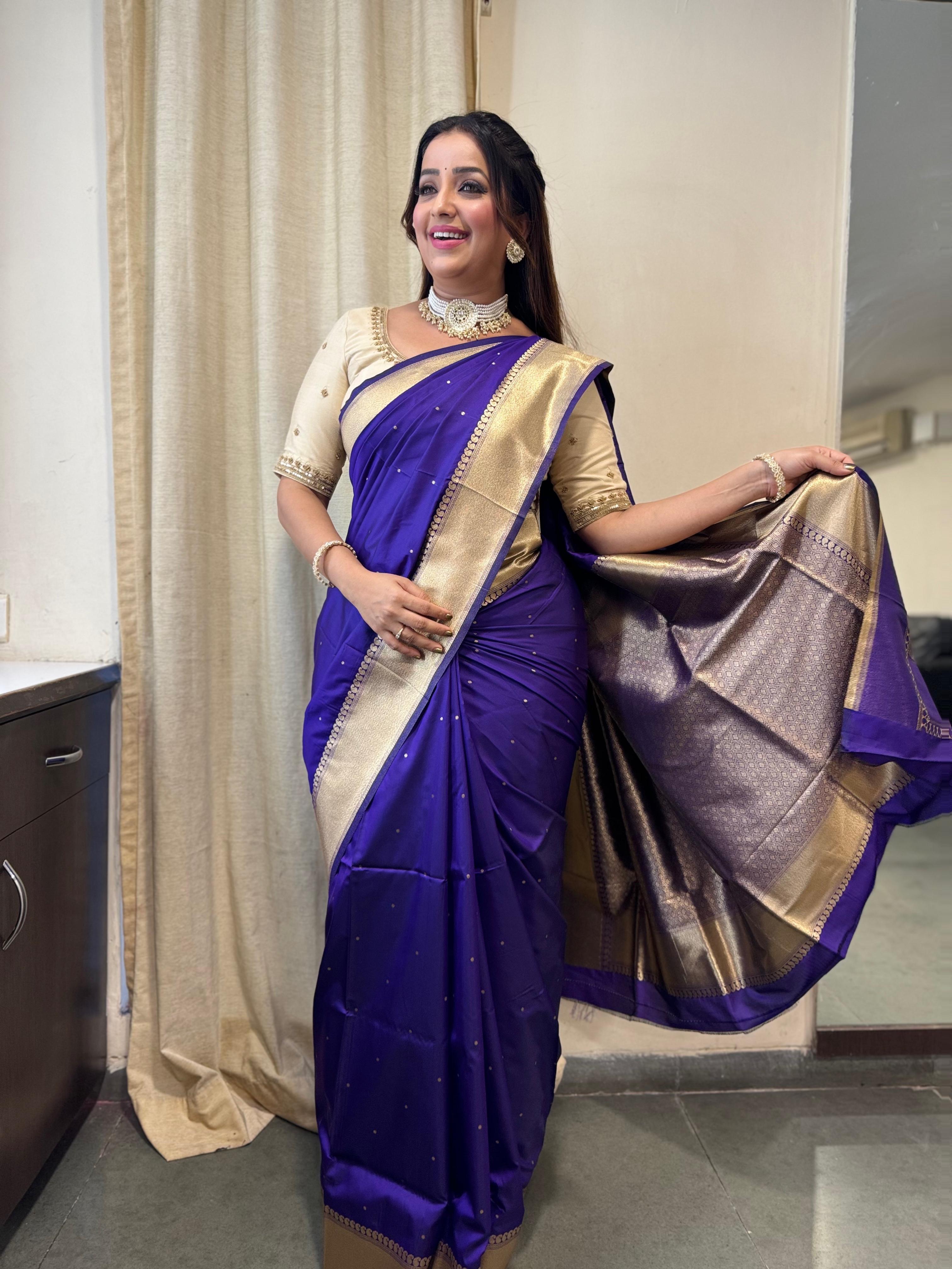 Buy MySilkLove Mulled Wine Purple Woven Banarasi Satin Silk Saree Online