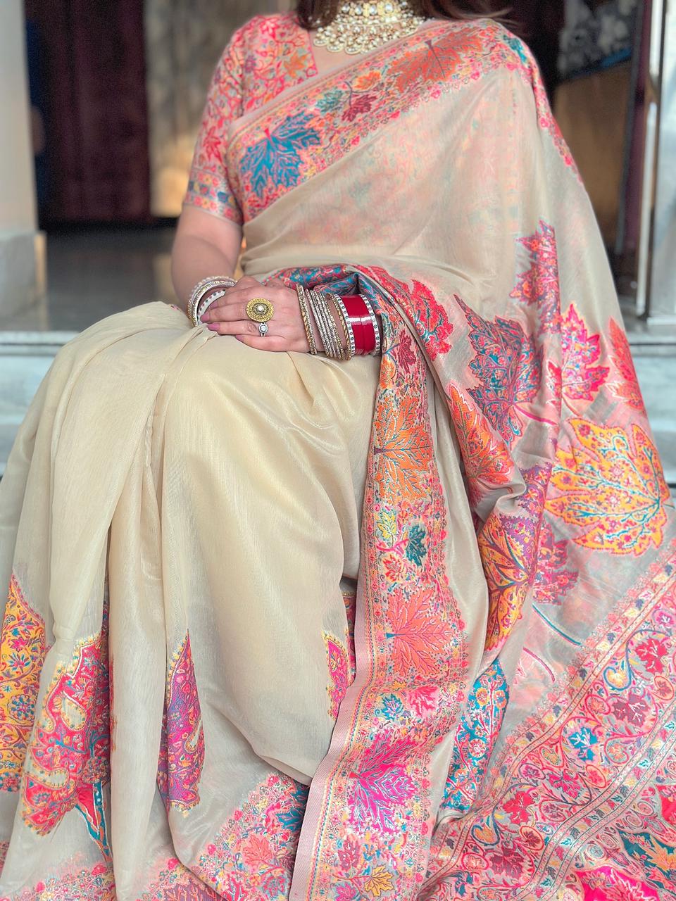 Buy MySilkLove Eggshell White Kashmiri Handloom Jamewar Saree Online