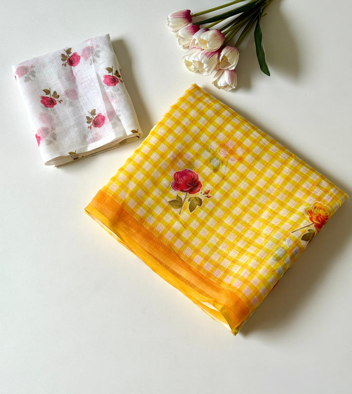 Buy MySilkLove Jonquil Yellow Soft Linen Cotton Printed Saree Online