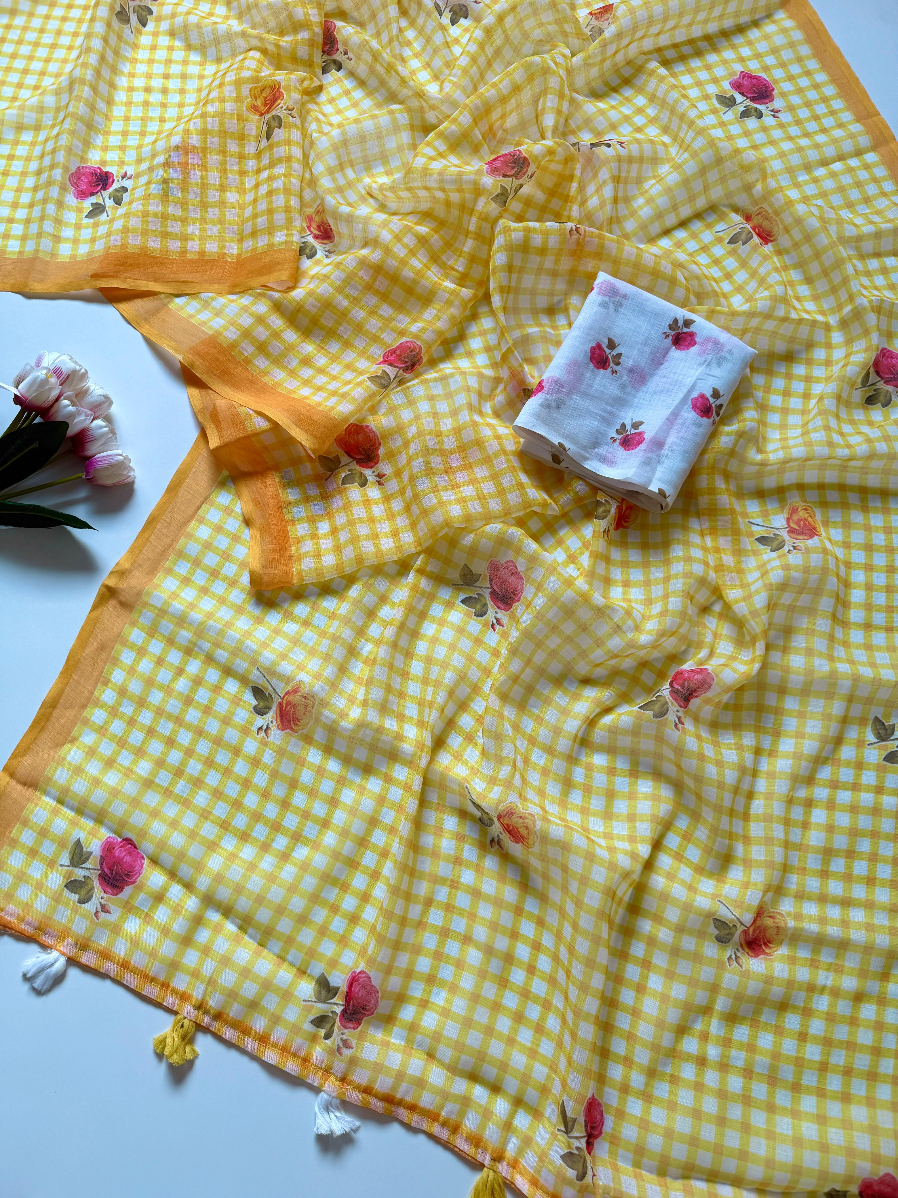 MySilkLove Tulip Yellow Soft Linen Cotton Pinted Saree