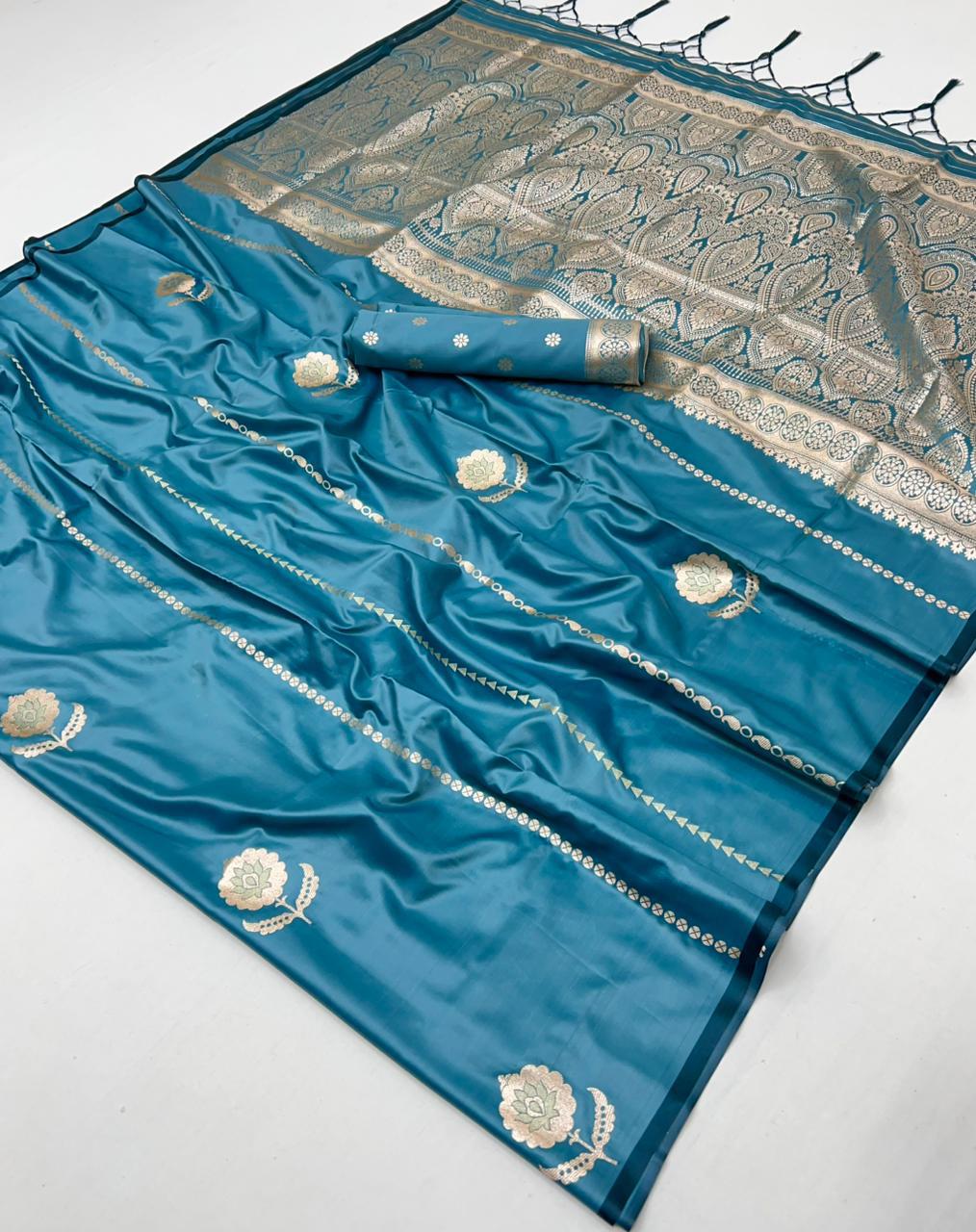 Buy MySilkLove Cyan Blue Handloom Satin Soft Silk Saree Online