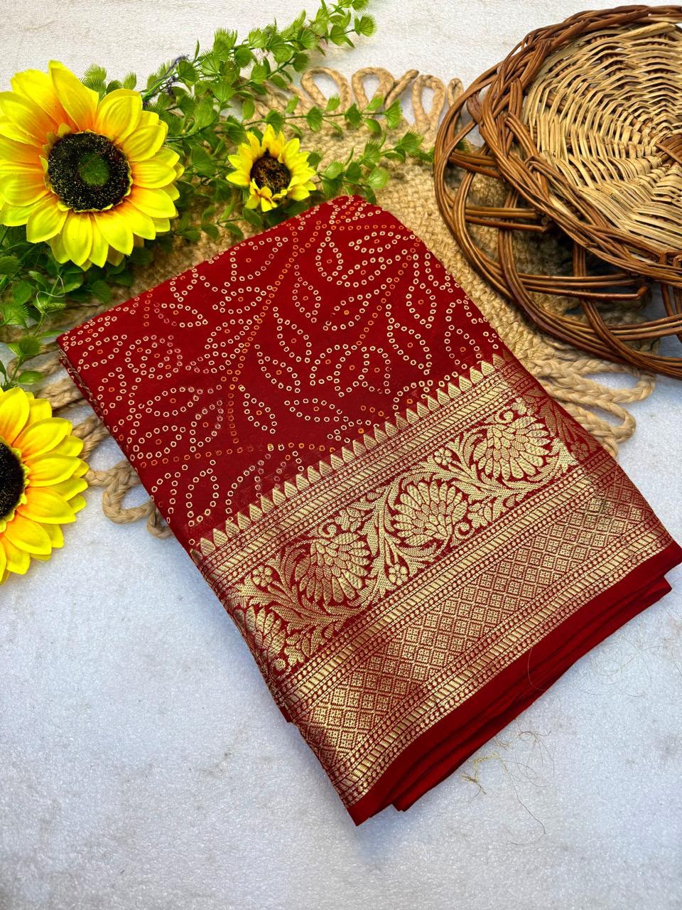 Buy MySilkLove Canary Red Bandhani Zari Woven Silk Saree — Buy Online | MySilkLove Online