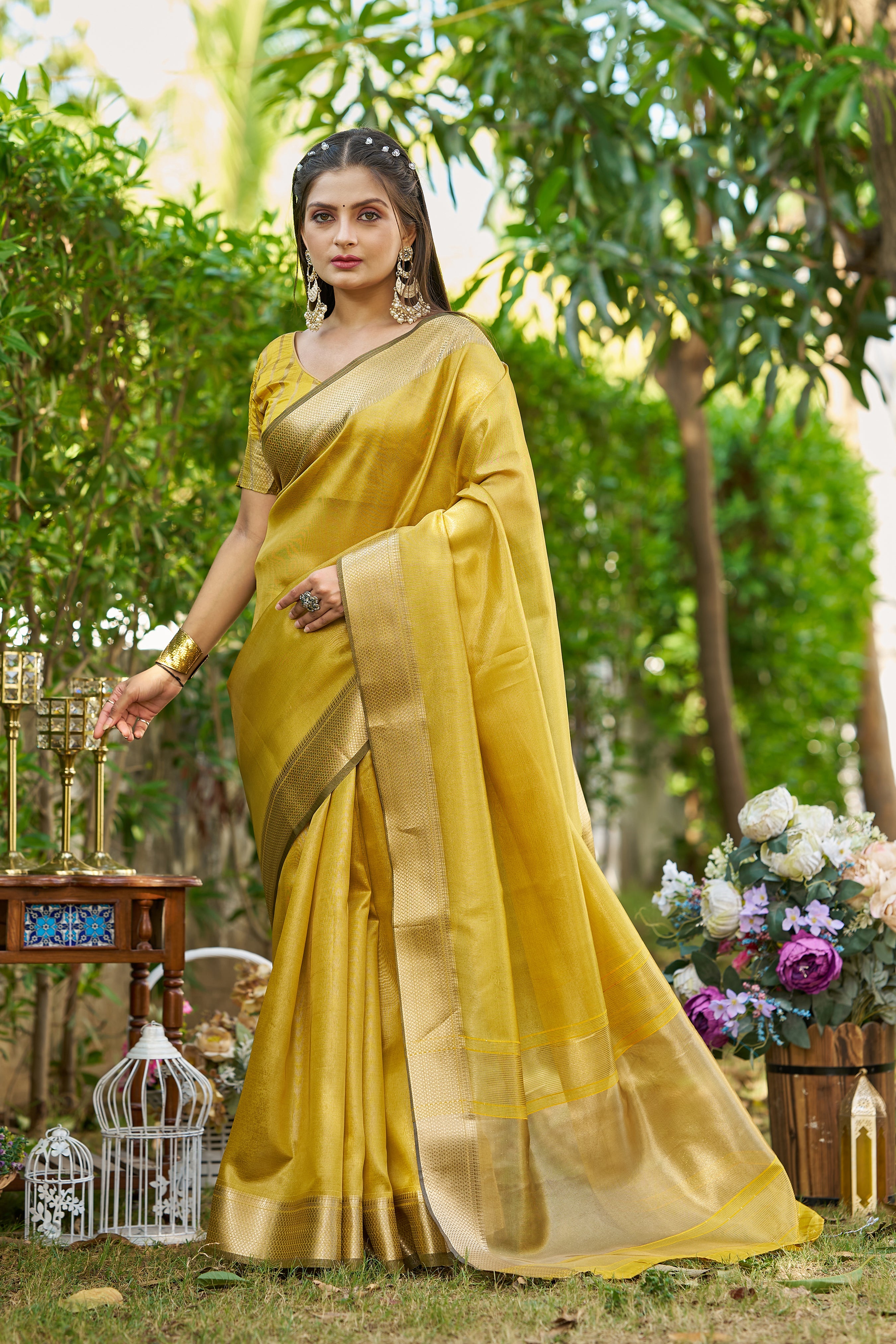 Buy MySilkLove Tulip Yellow Tissue Woven Saree Online
