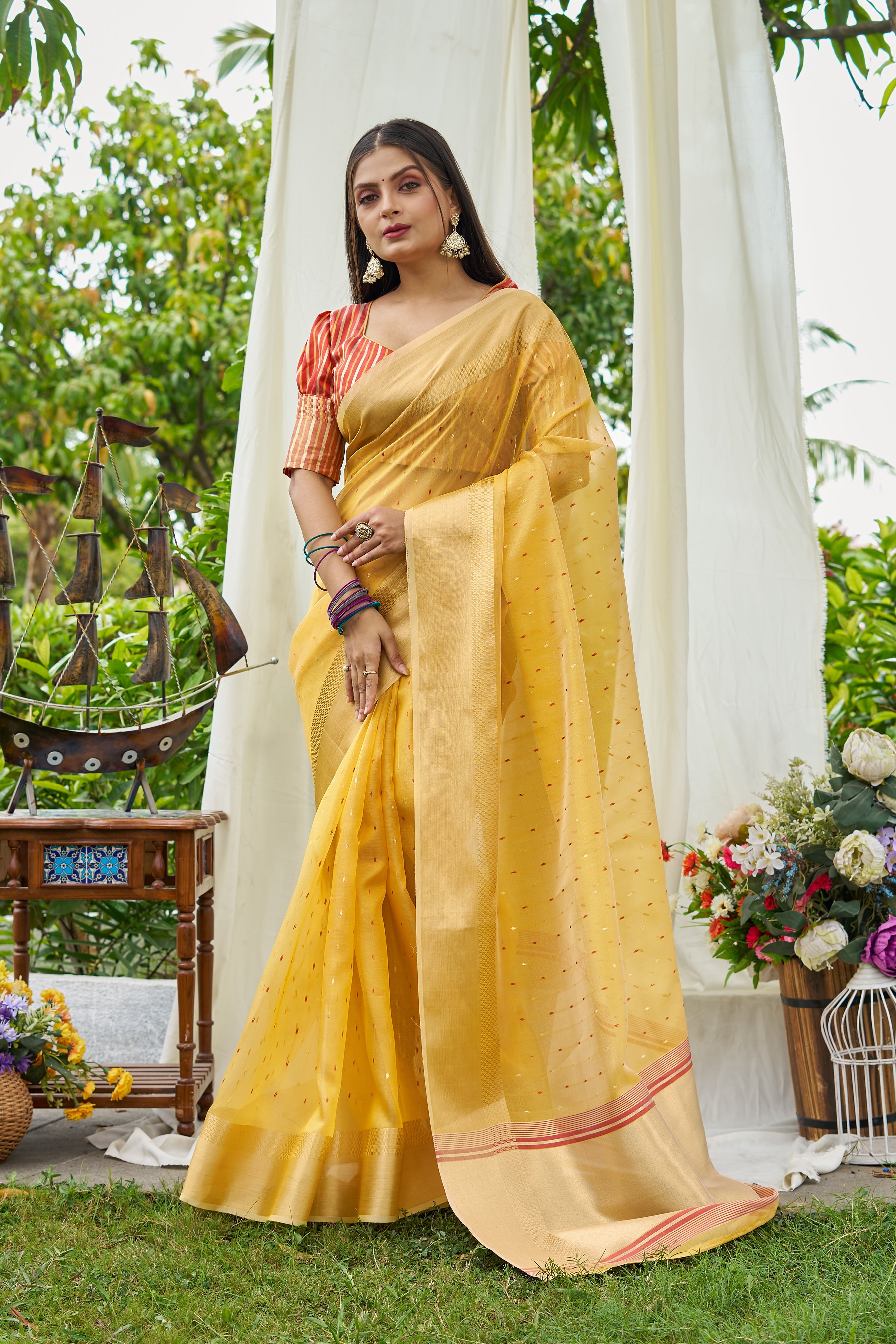 Buy MySilkLove Fuel Yellow Woven Shimmer Silk Saree Online