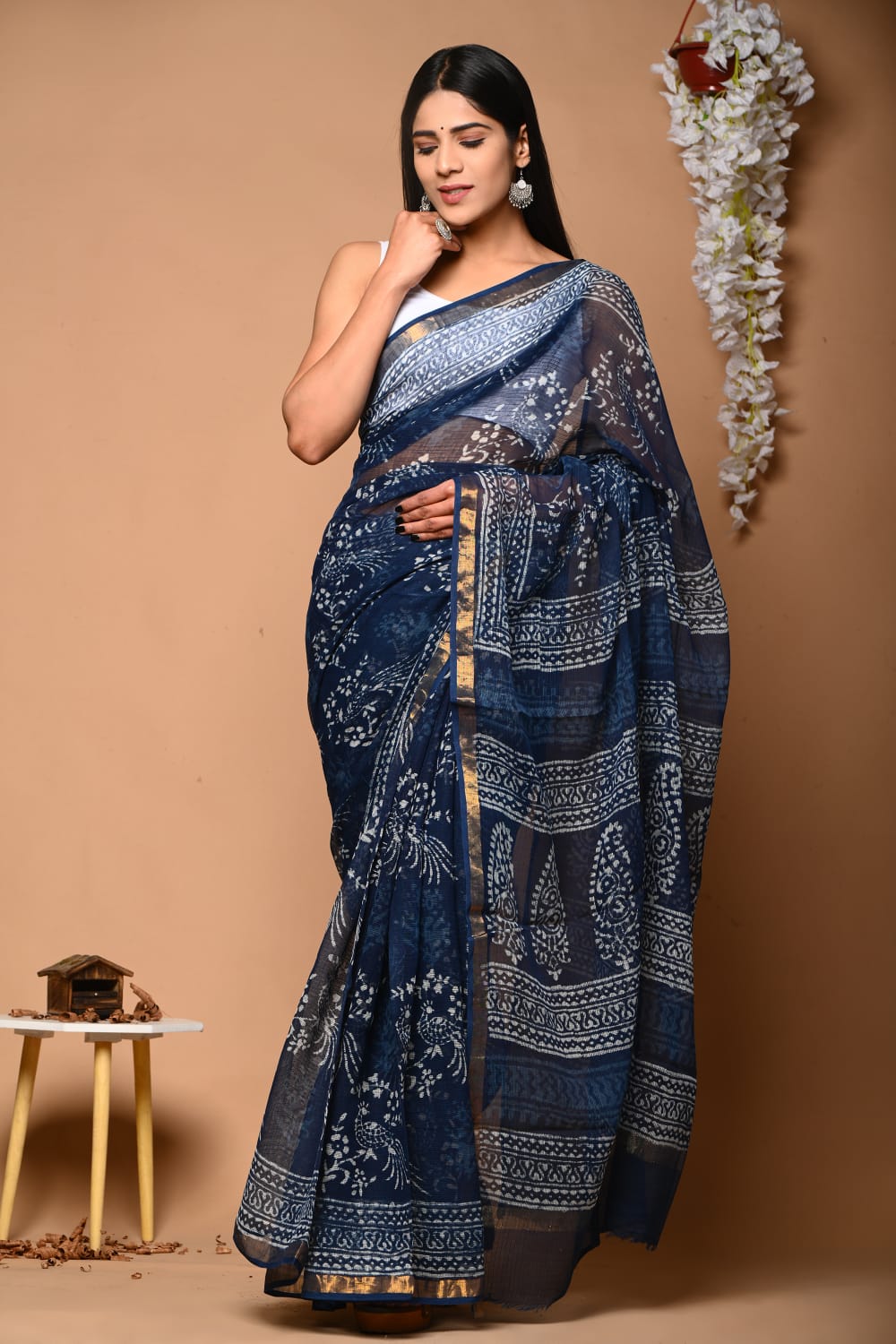 Buy MySilkLove Ebony Blue Handblock Kota Doriya Saree Online