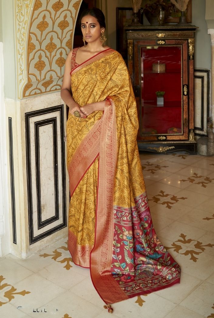 Buy MySilkLove Tussock Yellow Printed Kalamakri Silk Saree Online