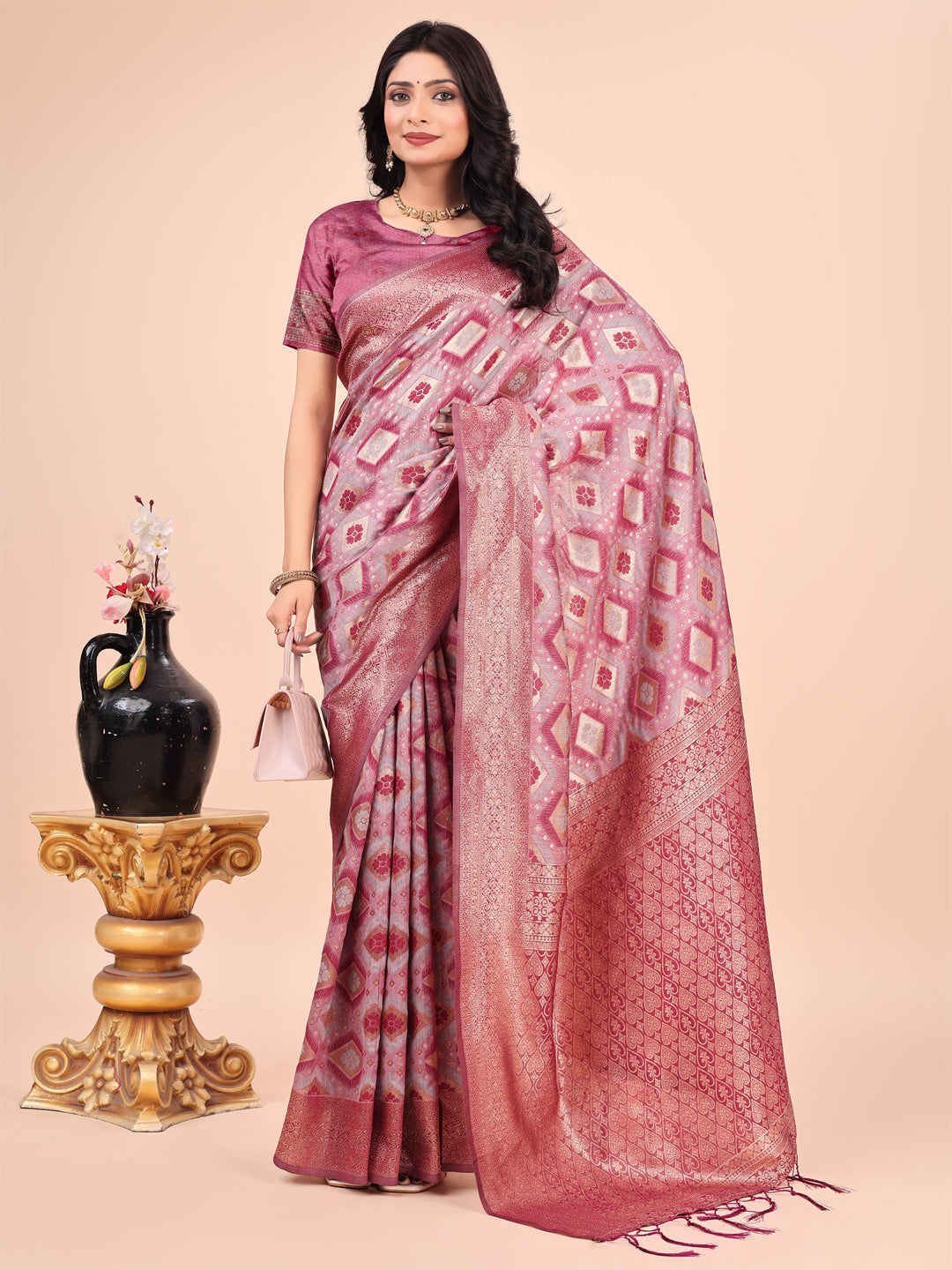MySilkLove Shimmering Pink Woven Cotton Saree