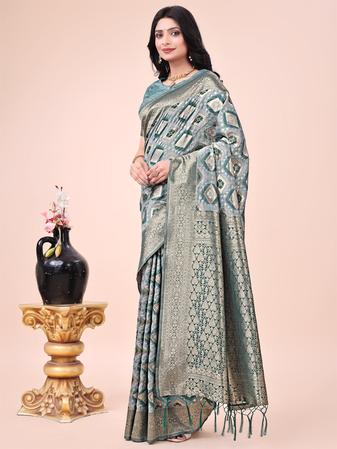 Buy MySilkLove Envy Green Woven Cotton Saree Online