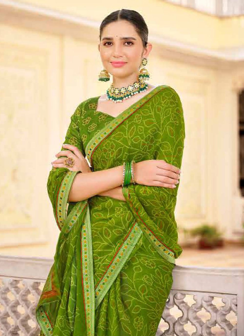 MySilkLove Earls Green Chiffon Bandhani Saree