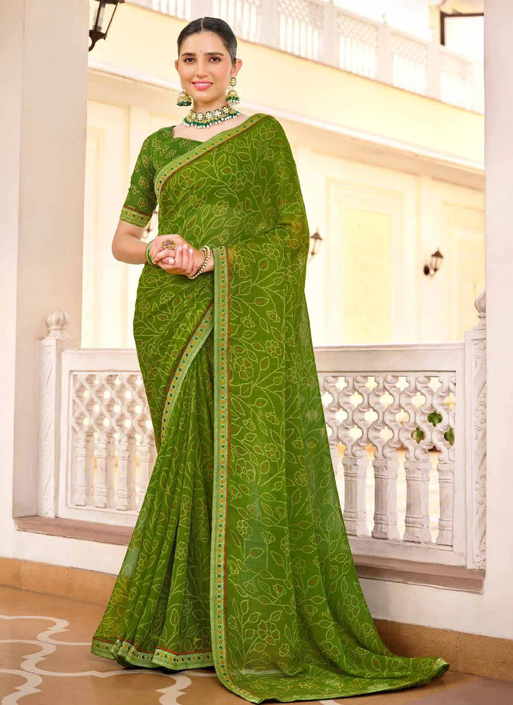 Buy MySilkLove Earls Green Chiffon Bandhani Saree Online