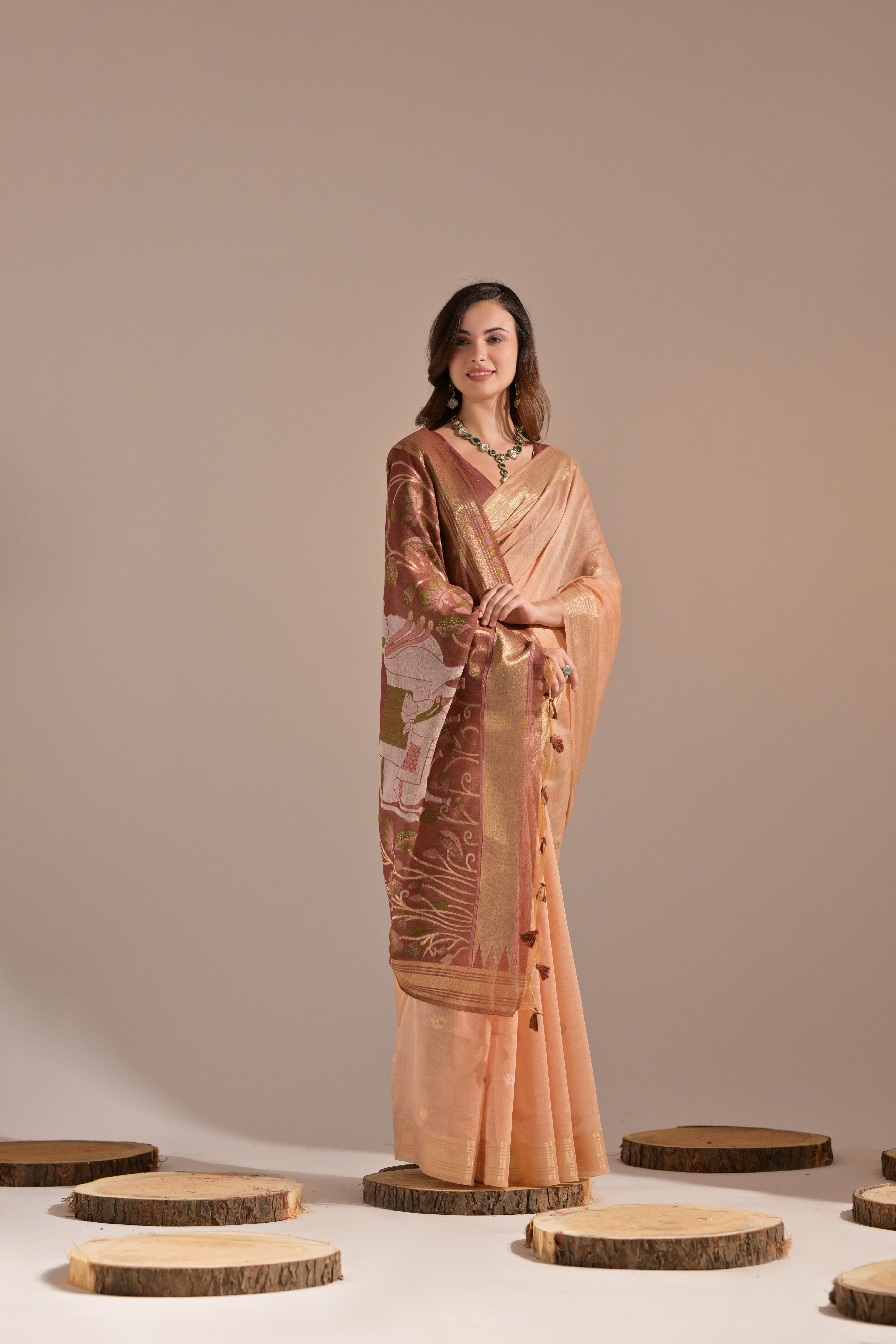 Buy MySilkLove Plum Peach Woven Muga Cotton Saree Online