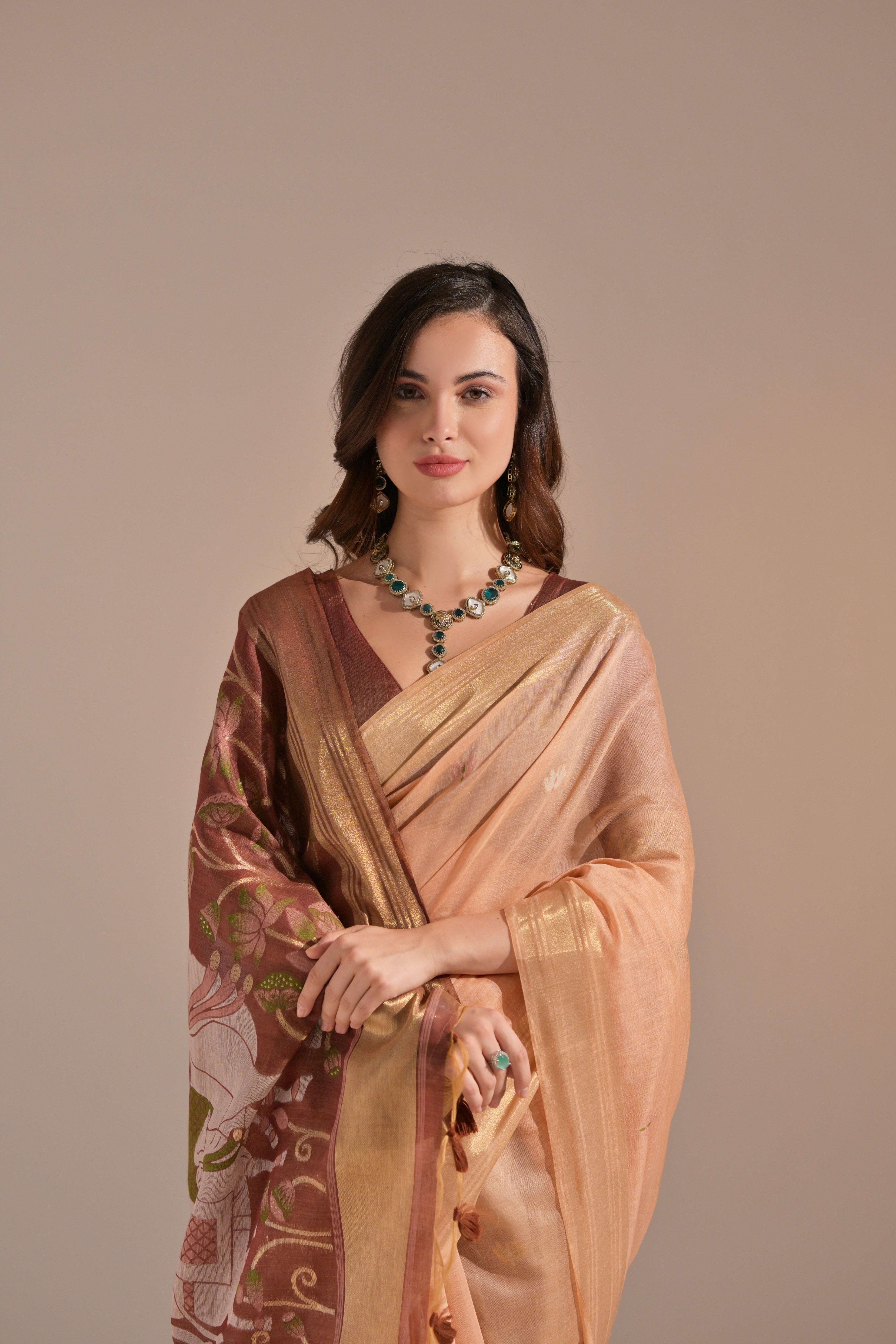 MySilkLove Plum Peach Woven Muga Cotton Saree