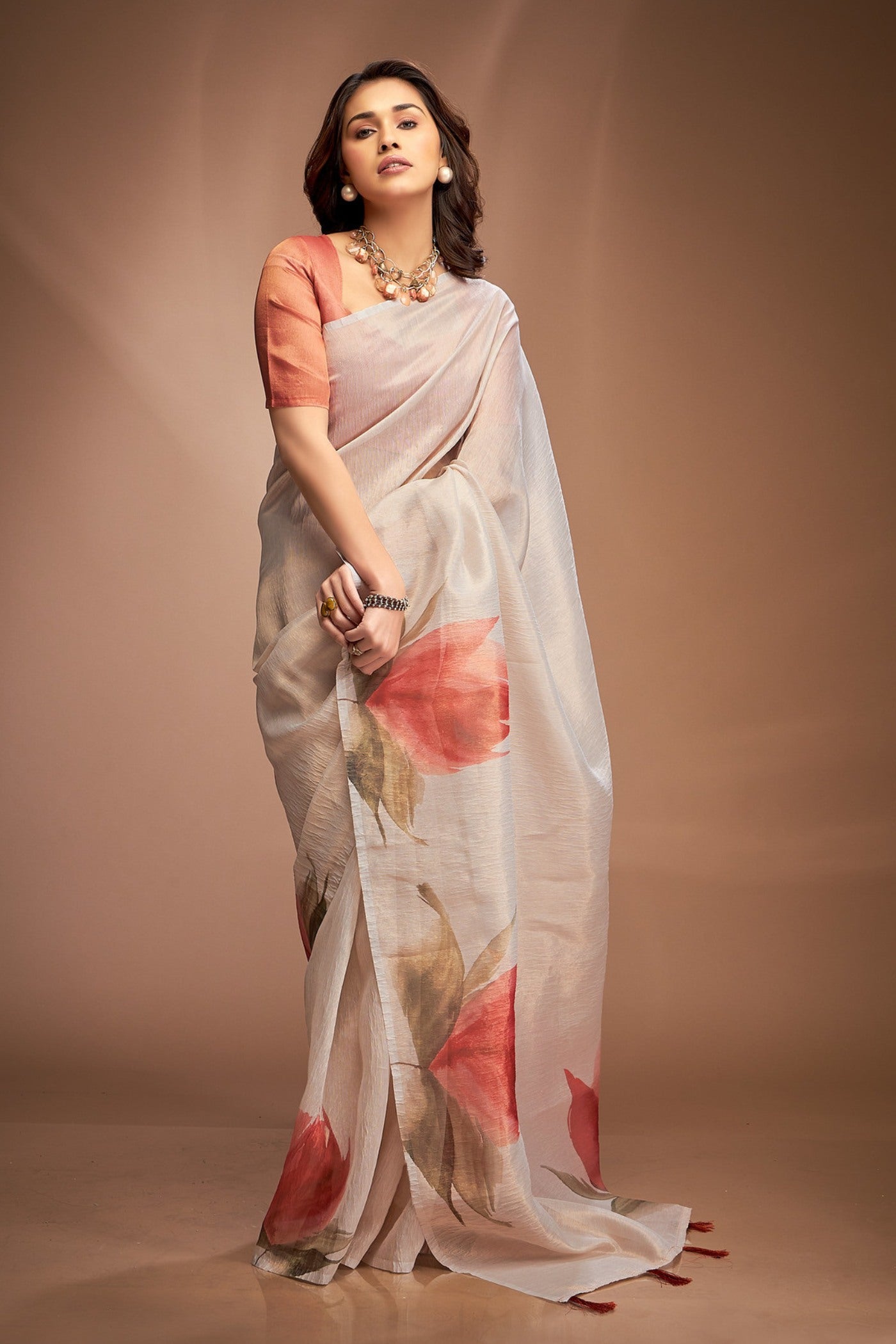 Buy MySilkLove Magnolia White Printed Tissue Saree Online