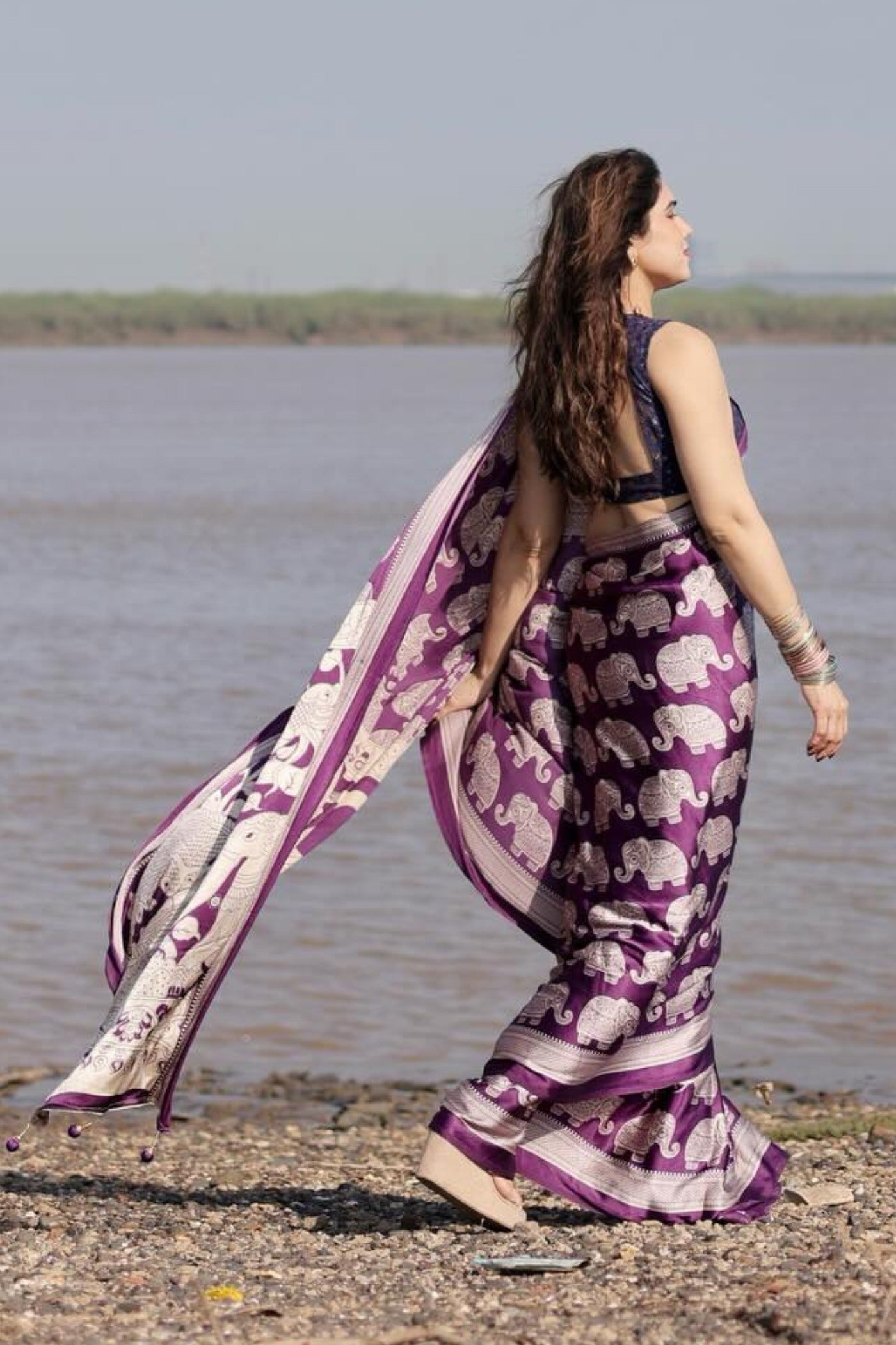 Buy MySilkLove Thistle Purple Ajrakh Printed Satin Crepe Silk Saree Online