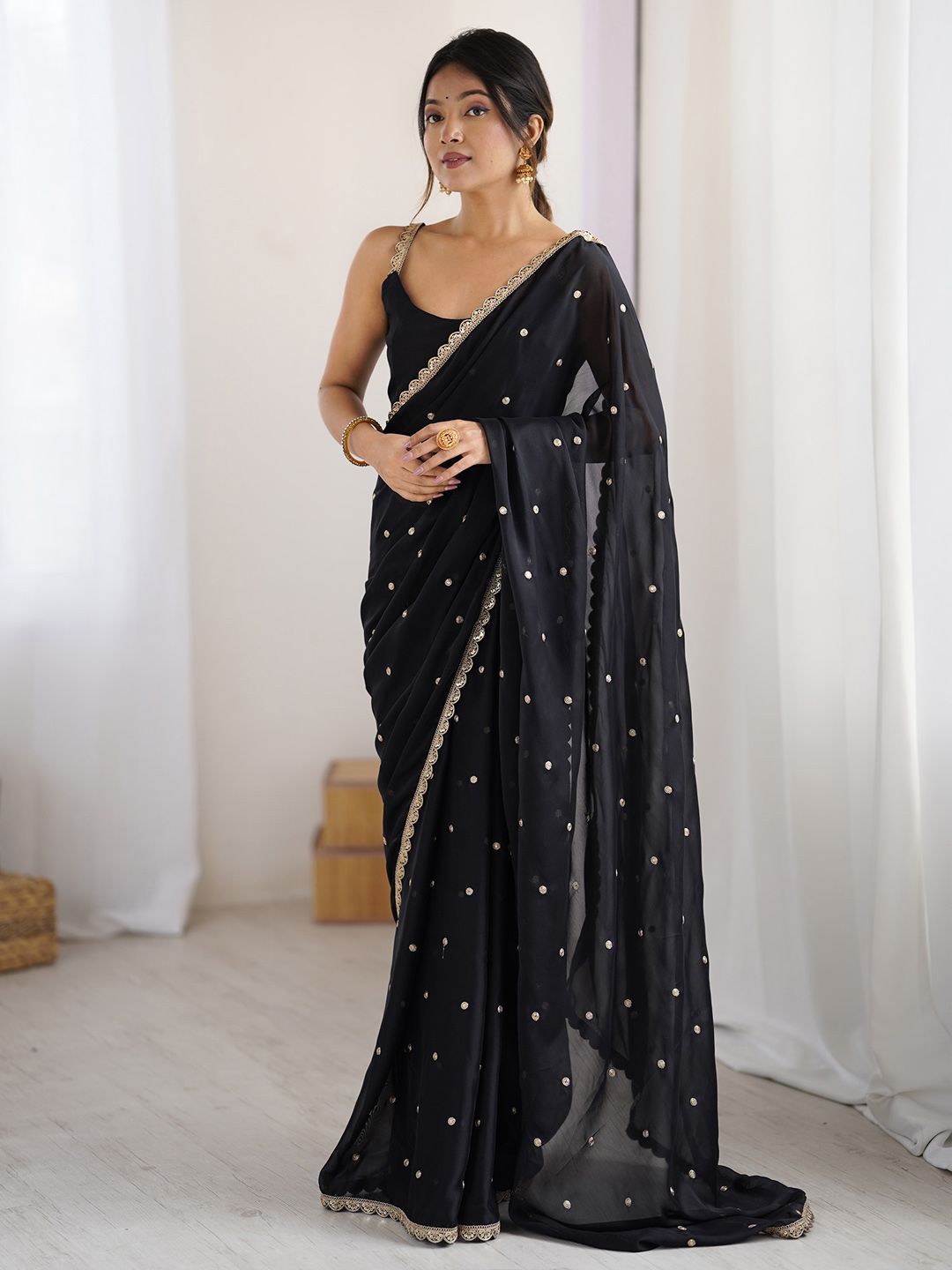 Buy MySilkLove Taupe Black Georgette Partywear Saree Online