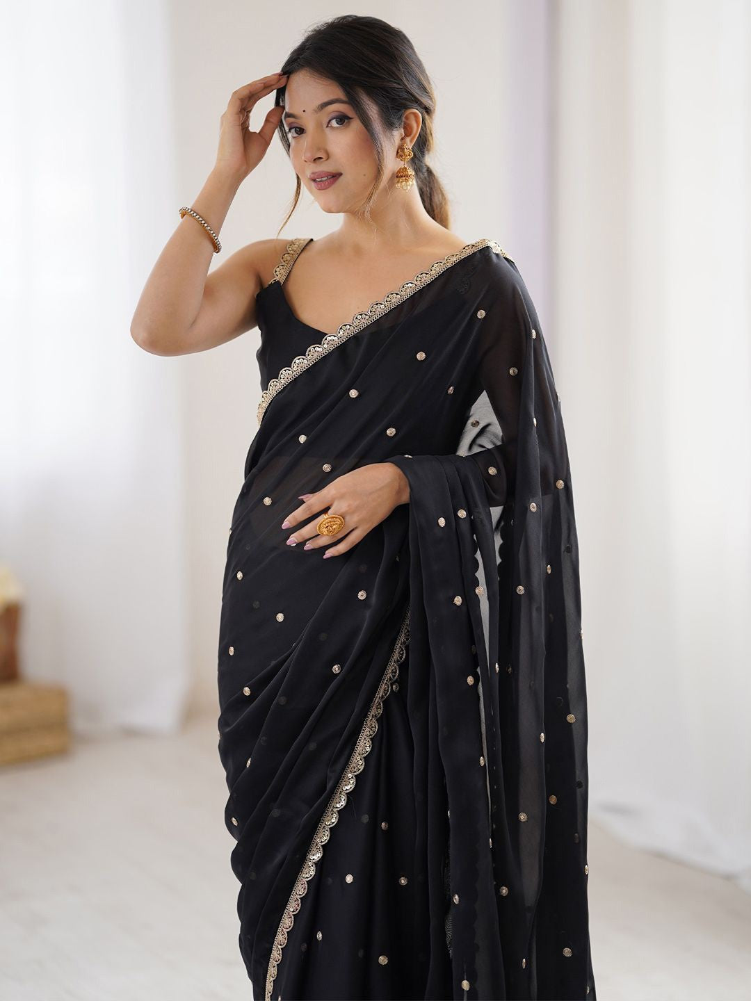 MySilkLove Taupe Black Georgette Partywear Saree