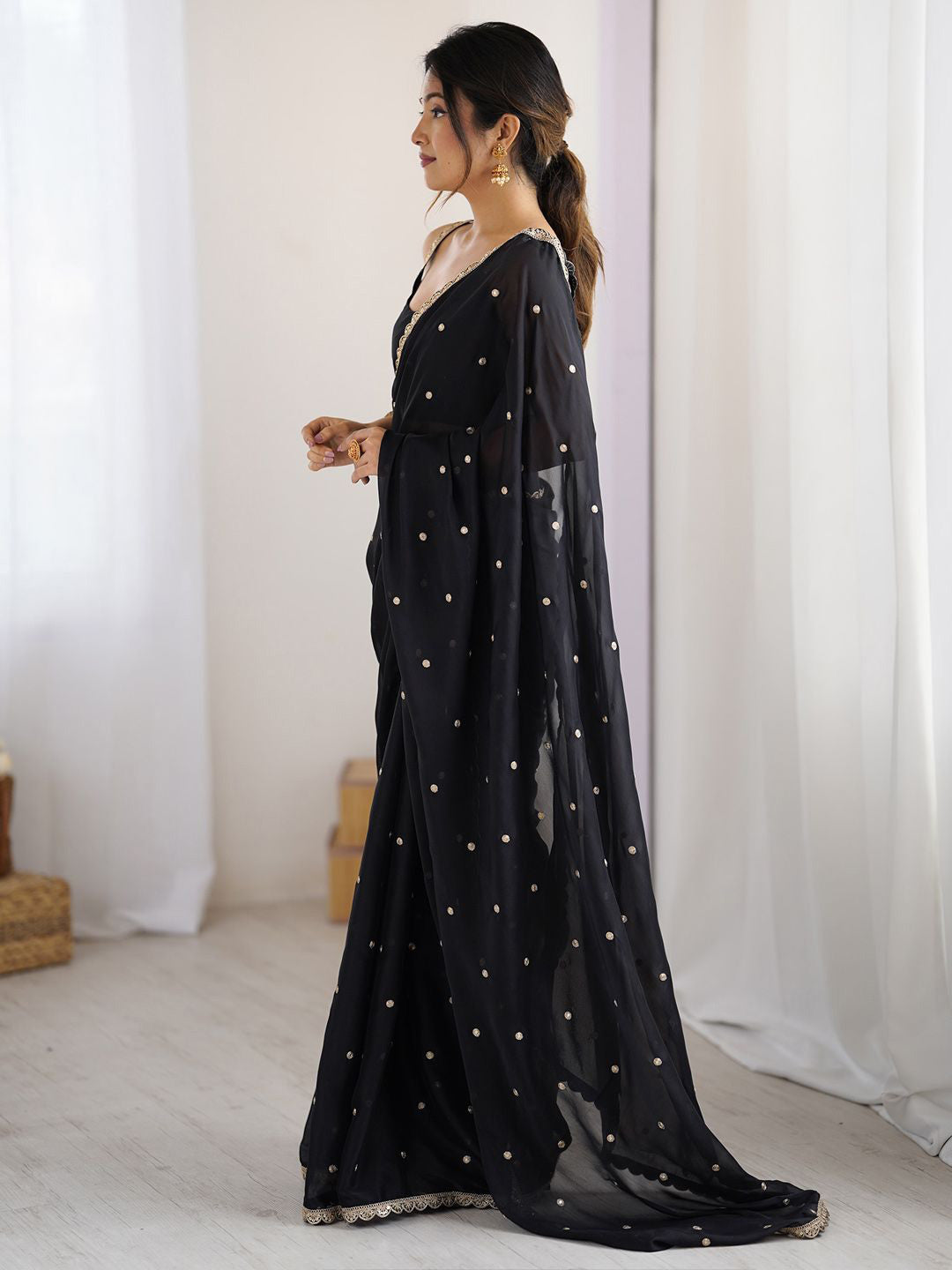 Buy MySilkLove Taupe Black Georgette Partywear Saree Online