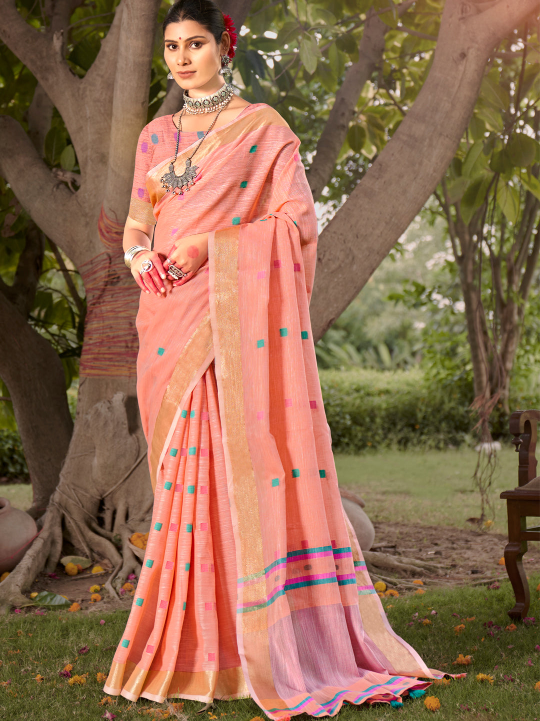 Buy MySilkLove Tacao Peach Cotton Silk Saree Online