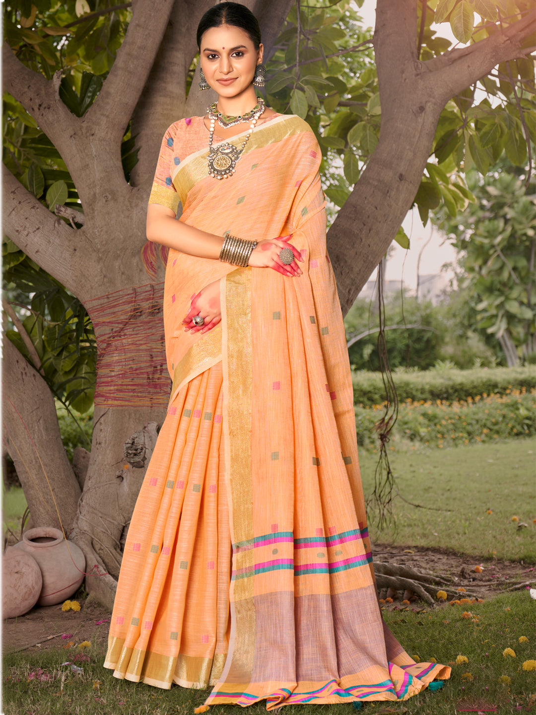 Buy MySilkLove Peach Orange Cotton Silk Saree Online