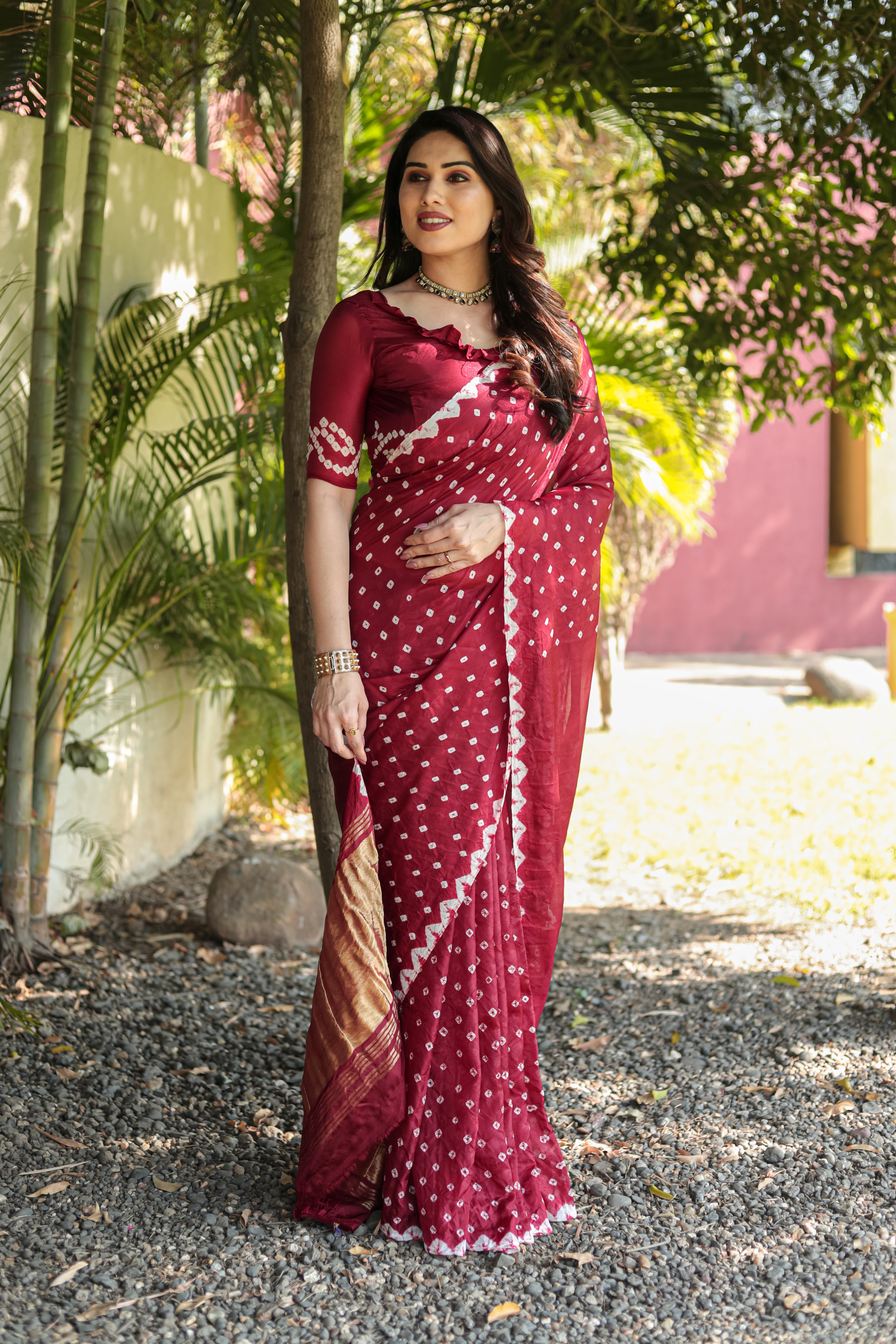 Buy MySilkLove Dark Tan Maroon Designer Bandhani Printed Saree Online