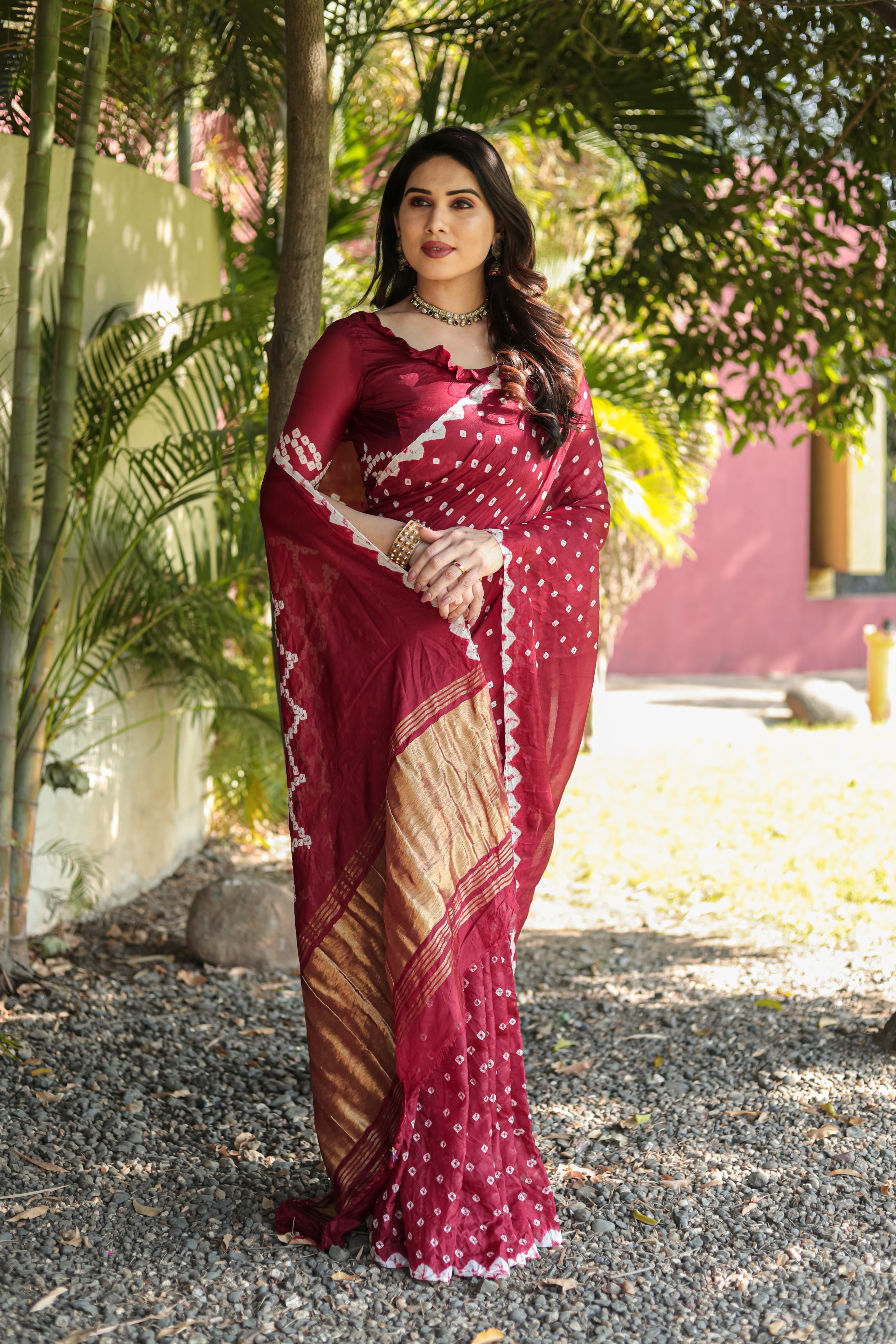 Buy MySilkLove Dark Tan Maroon Designer Bandhani Printed Saree Online