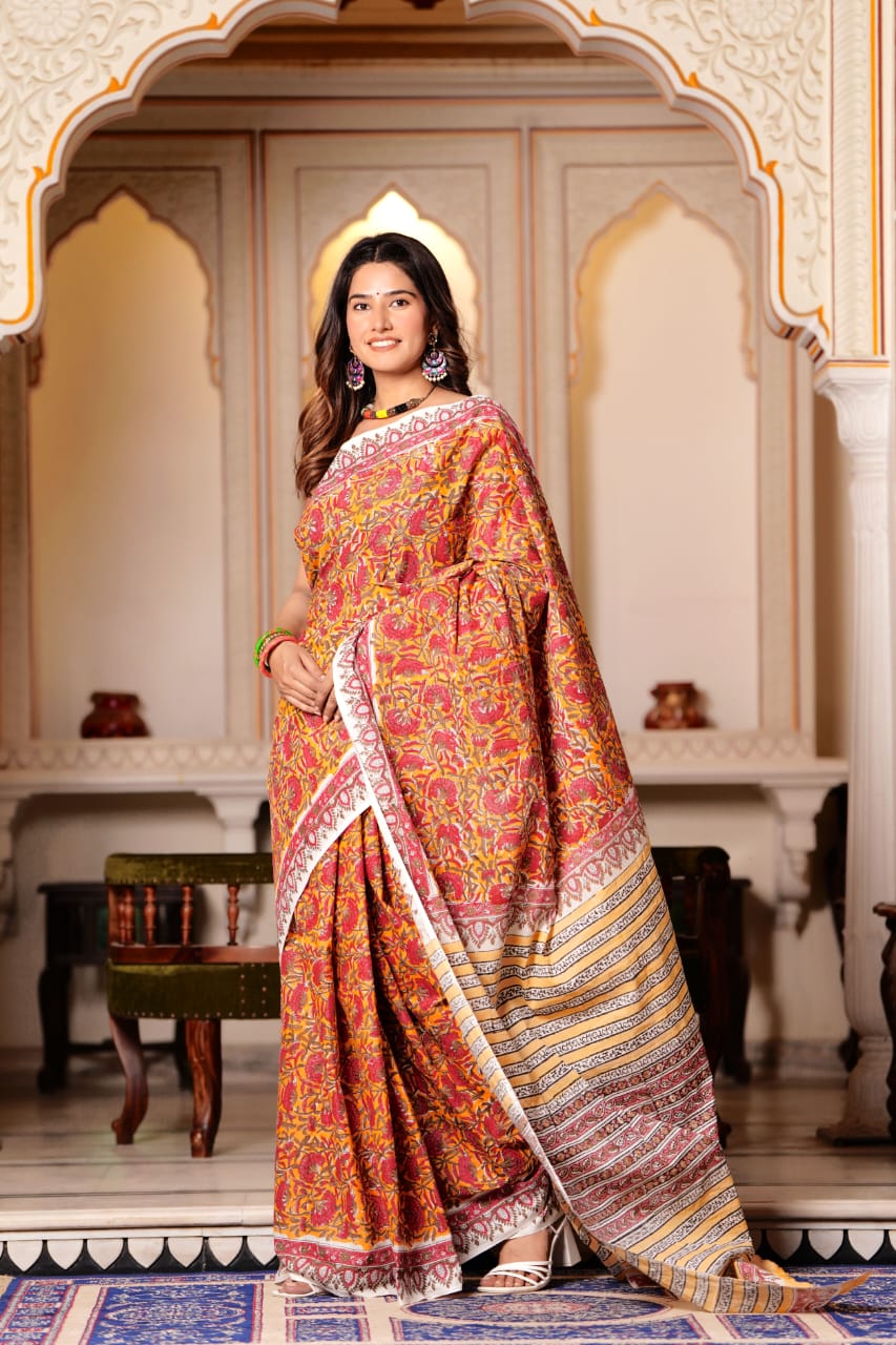 Buy MySilkLove Tan Orange Pure Cotton Handblock Printed Saree Online